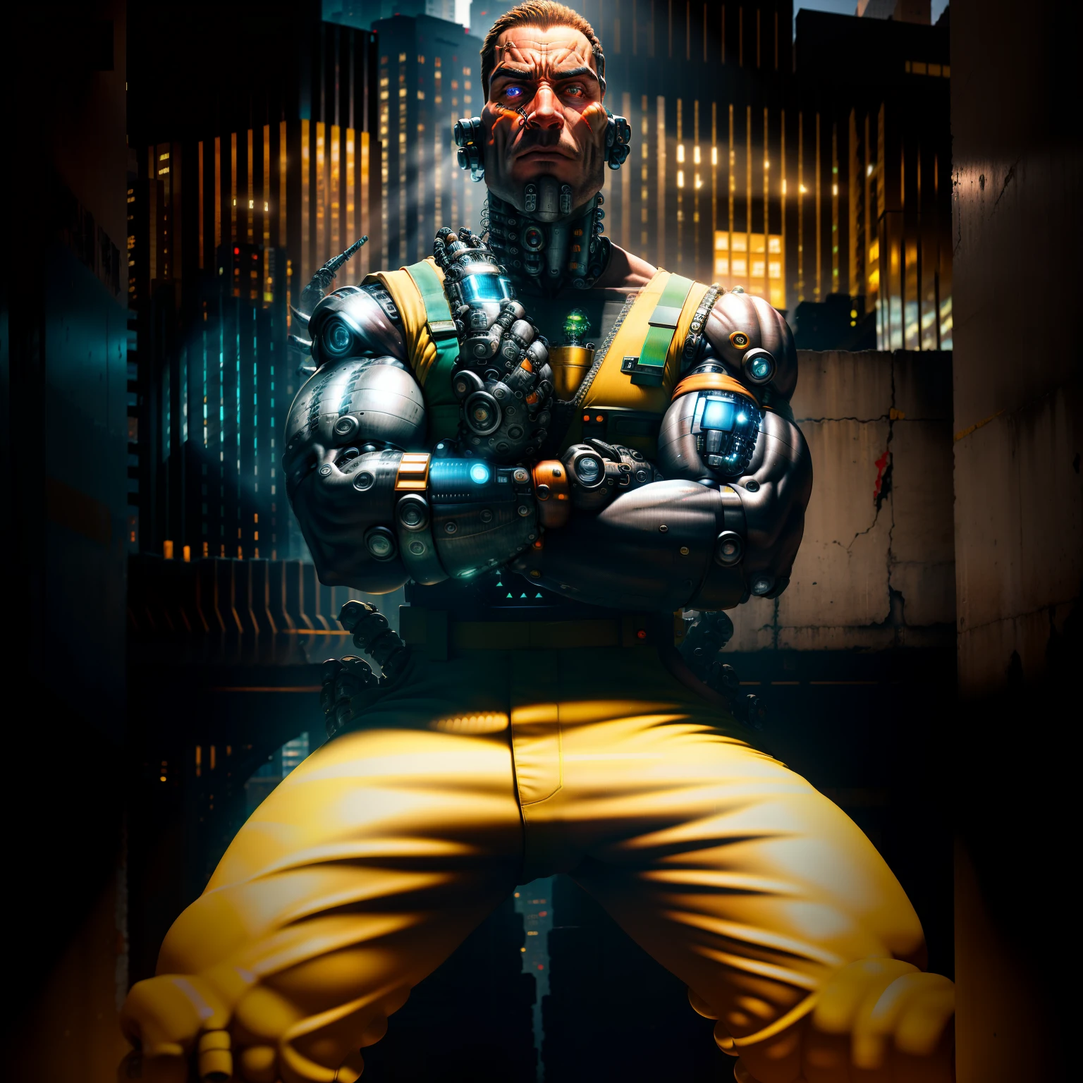 raw photograph, ultra detailed photrealistic, large heavy build male construction worker, wearing construction overalls, (cyborg arms:1.5), (human hands), background is a city block in ruins, vibrant details, luxurious cyberpunk, hyperrealistic, anatomical, elegant, 8k, best quality, masterpiece, extremely detailed, (realistic, photo-realistic:1.37), full body, standing