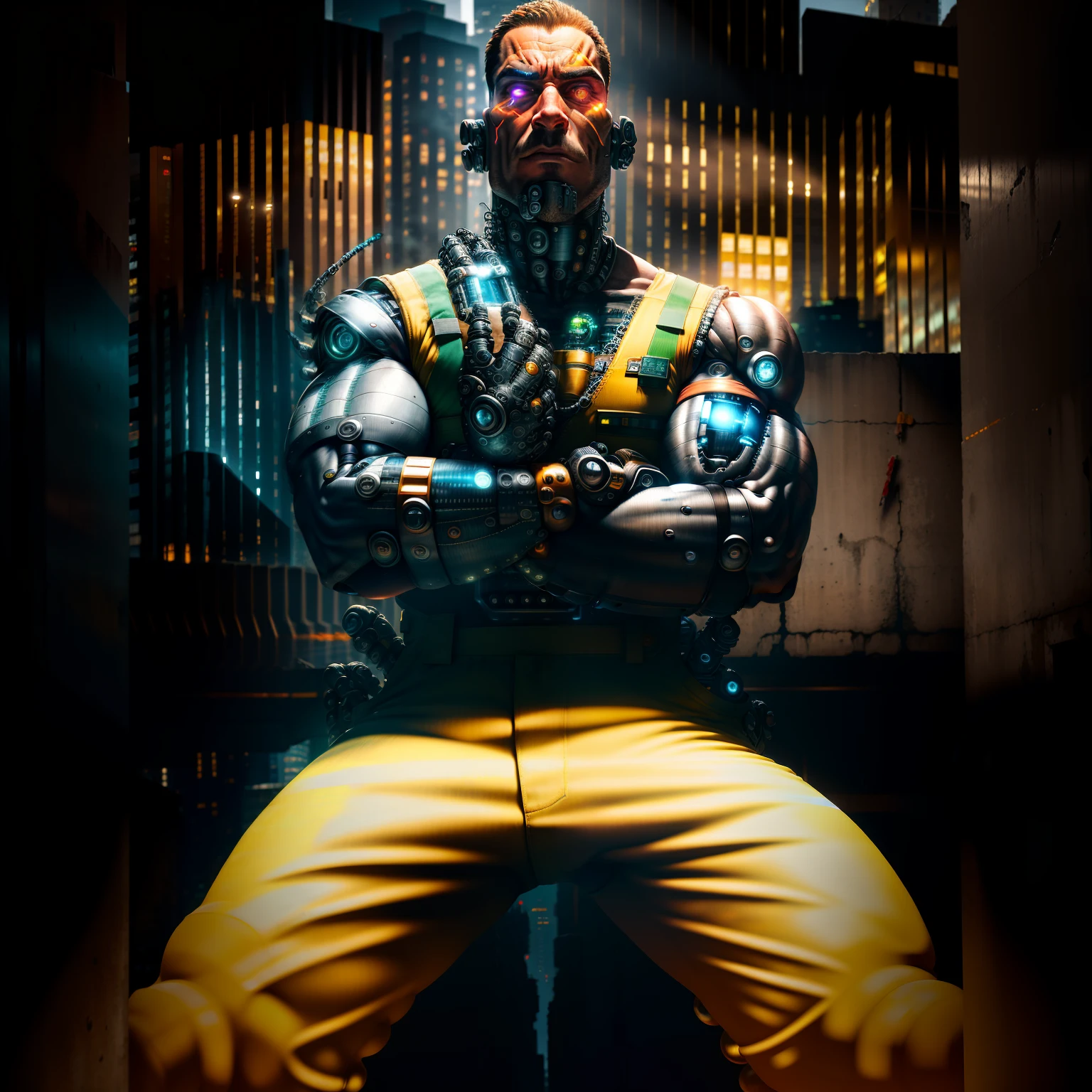 raw photograph, ultra detailed photrealistic, large heavy build male construction worker, wearing construction overalls, (cyborg arms:1.5), (human hands), background is a city block in ruins, vibrant details, luxurious cyberpunk, hyperrealistic, anatomical, elegant, 8k, best quality, masterpiece, extremely detailed, (realistic, photo-realistic:1.37), full body, standing