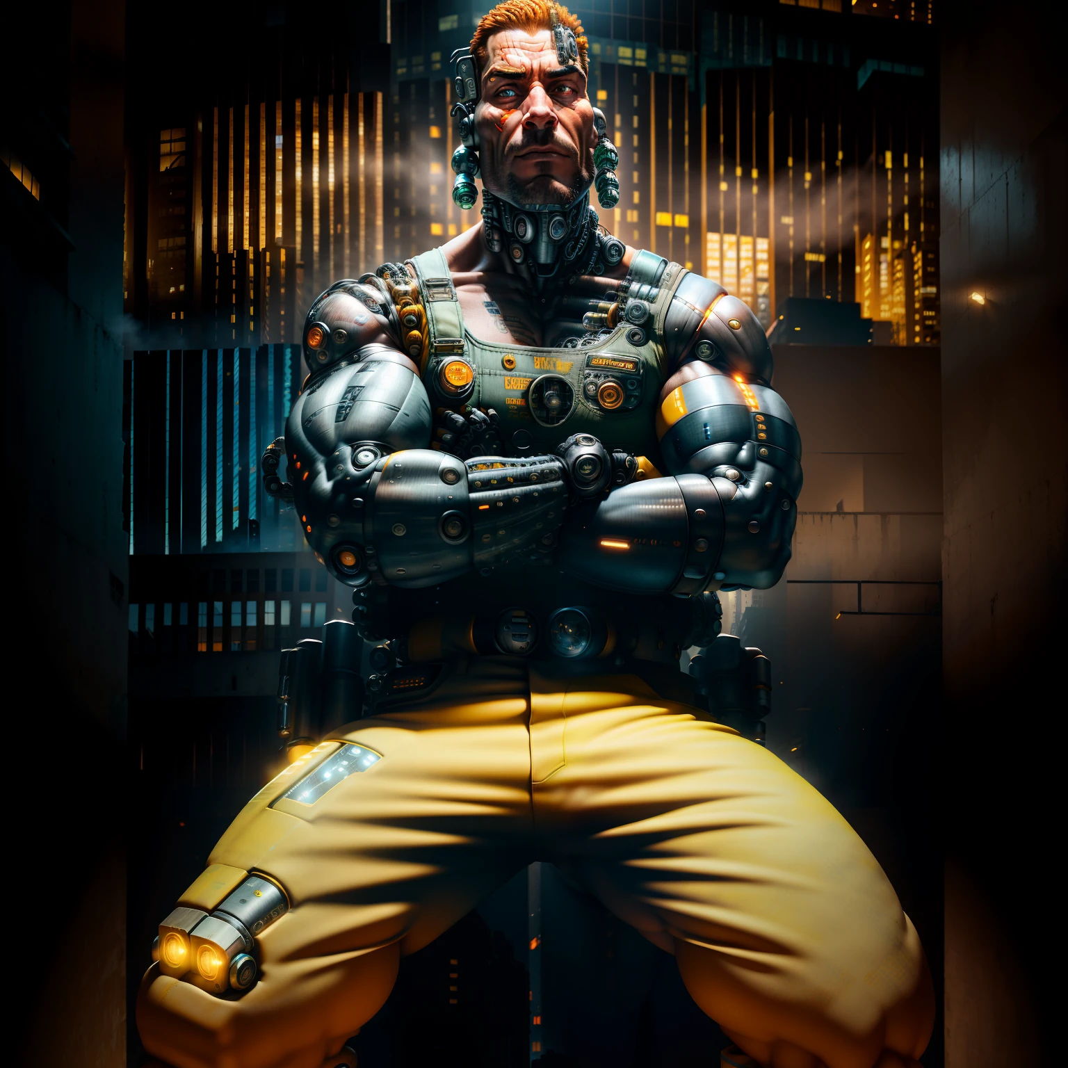 raw photograph, ultra detailed photrealistic, large heavy build male construction worker, wearing construction overalls, (cyborg arms:1.5), (human hands), background is a city block in ruins, vibrant details, luxurious cyberpunk, hyperrealistic, anatomical, elegant, 8k, best quality, masterpiece, extremely detailed, (realistic, photo-realistic:1.37), full body, standing
