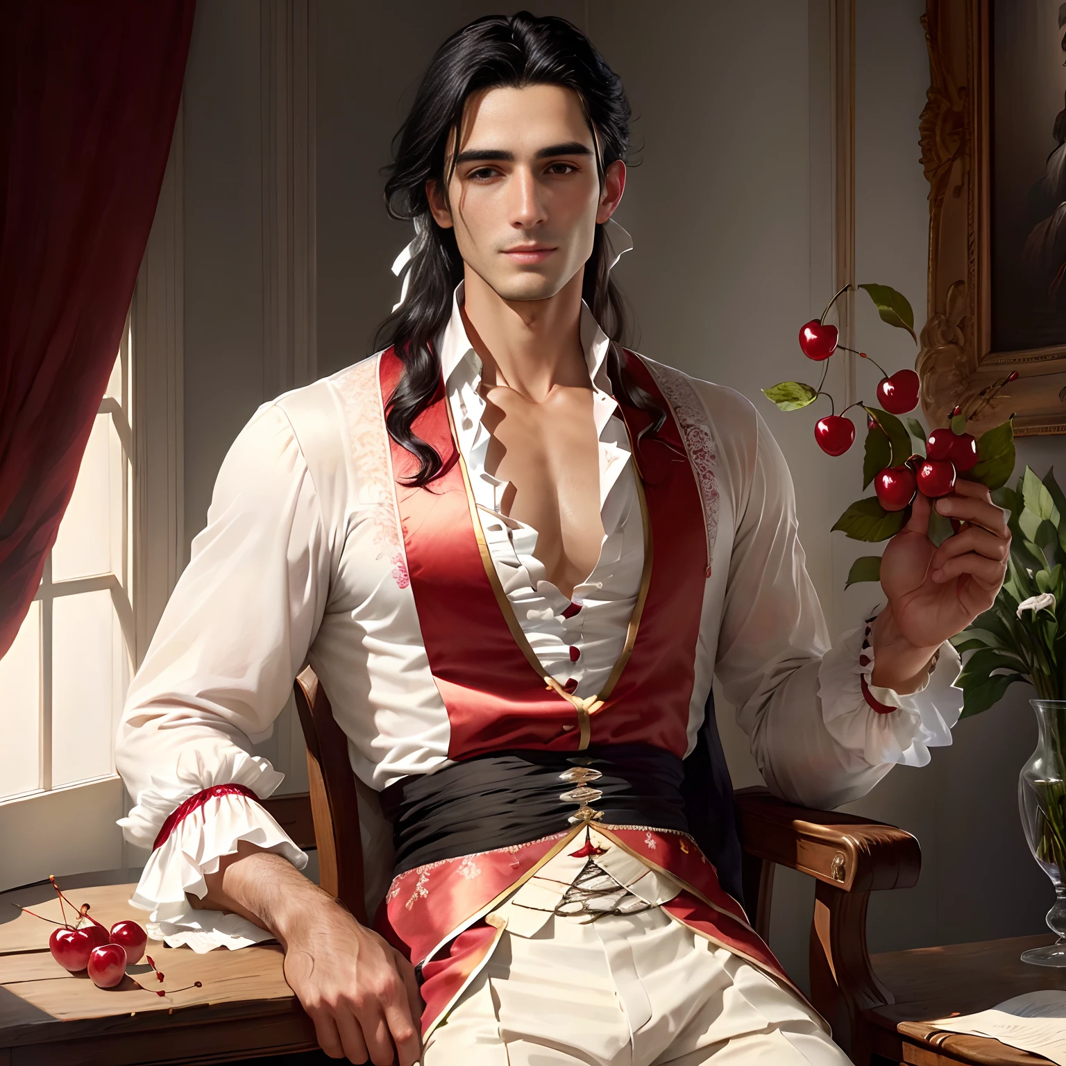 male in white unbuttoned open shirt with lace sleeves, clean shaven chin, long black hair tied with a ribbon, eat cherries, cherries in hands, 18th century, portrait, handsome, insanely detailed, morning light, realism, elegant, realistic
