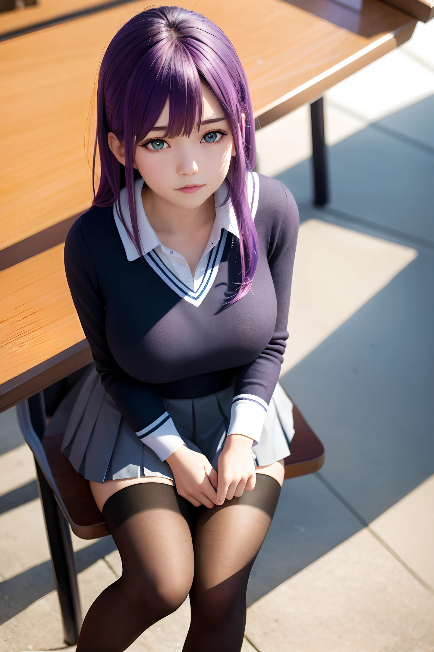 masterpiece, best quality, ultra-detailed, illustration, colorful, falt color, depth of field, lens flare,
1girl, anime, sitting, purple hair, looking at viewer,school, classroom, pleated miniskirt , school uniform, serafuku, black pantyhose, detailed skin texture, detailed cloth texture, beautiful detailed face, big breast, angelic face