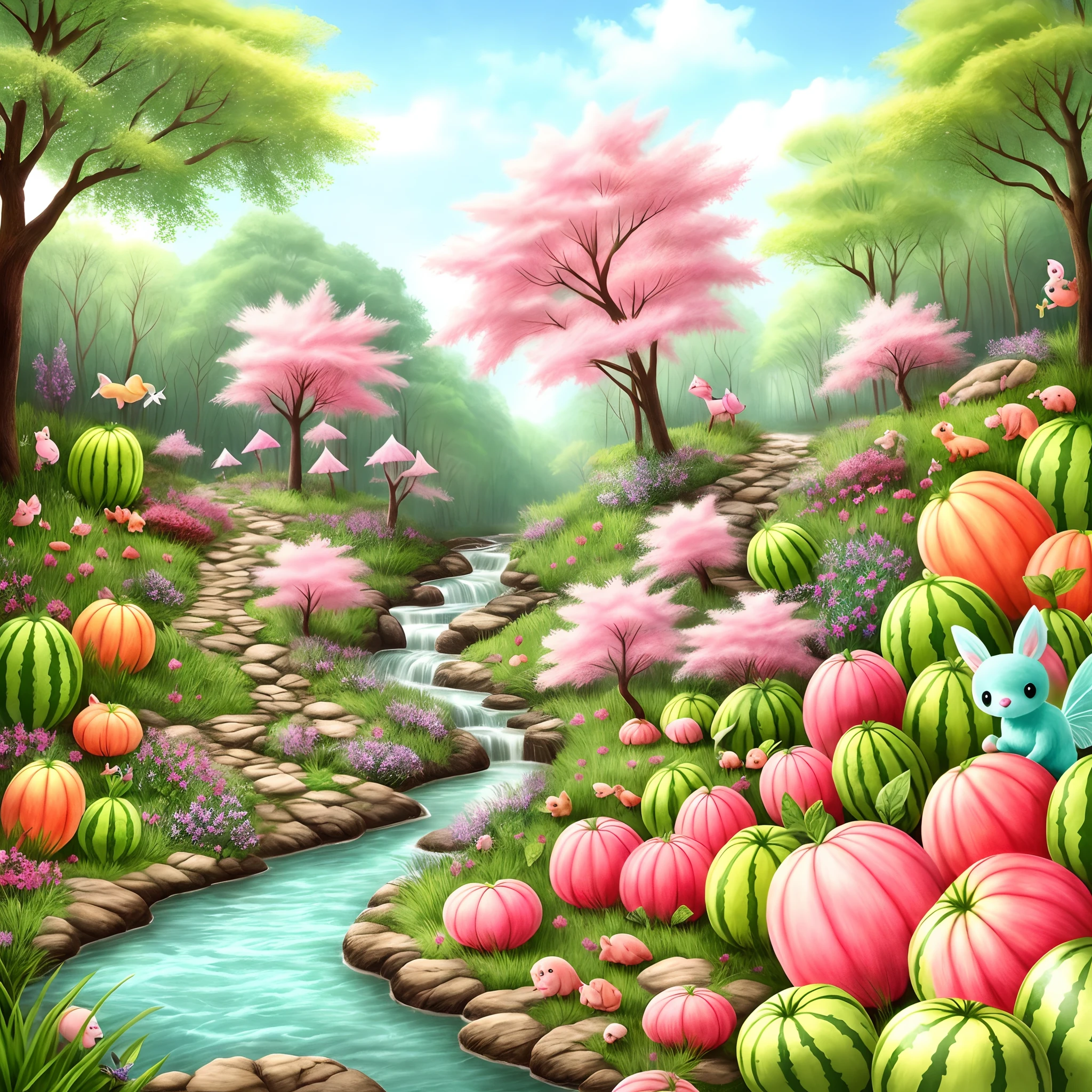 Fantasy forest in pastel colours, cute little animals, watermelons, fairies, landscape