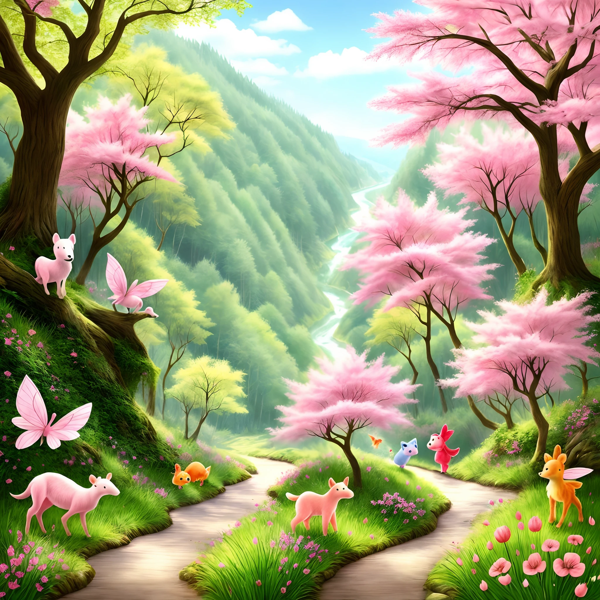 Fantasy forest in pastel colours, cute little animals, watermelons, fairies, landscape