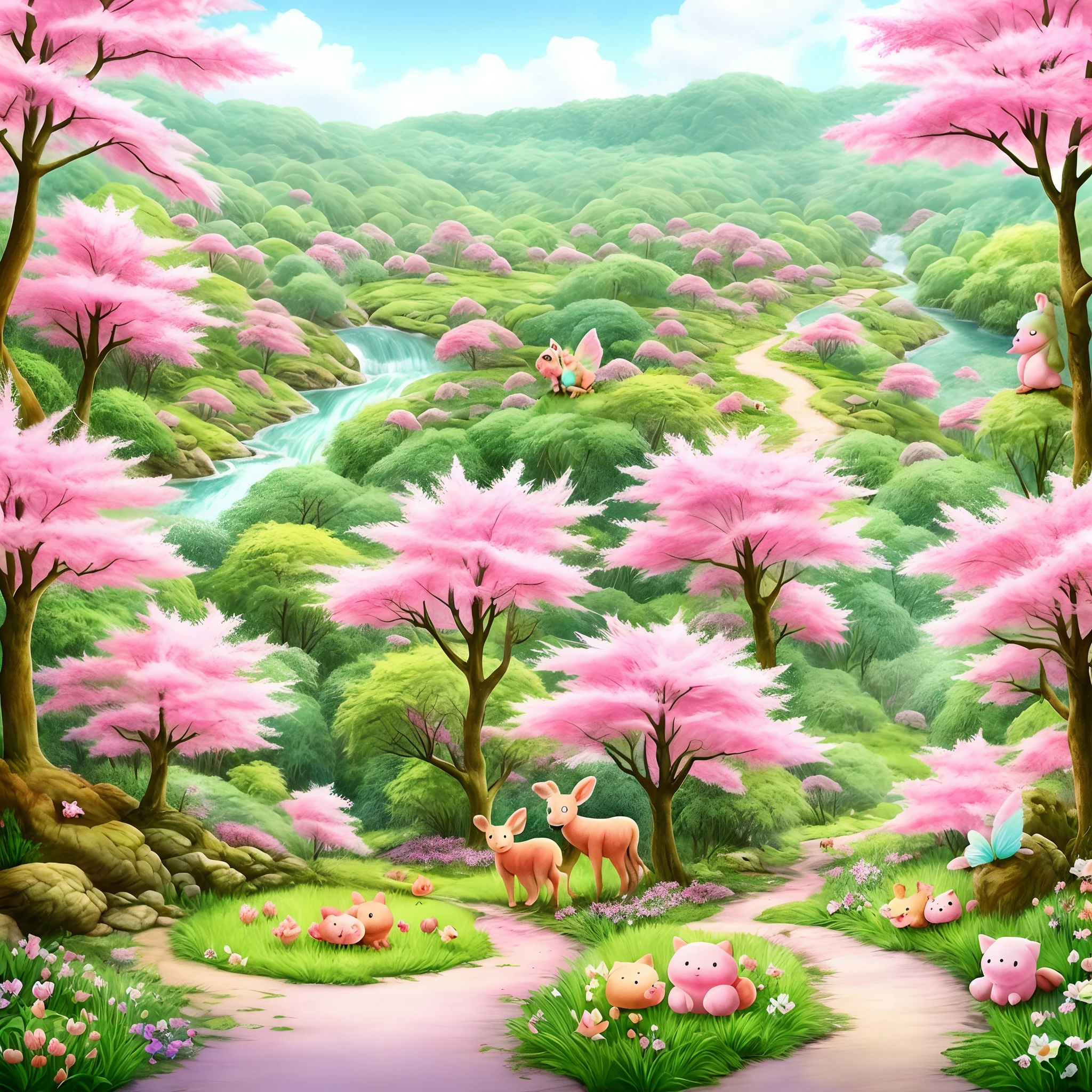 Fantasy forest in pastel colours, cute little animals, watermelons, fairies, landscape