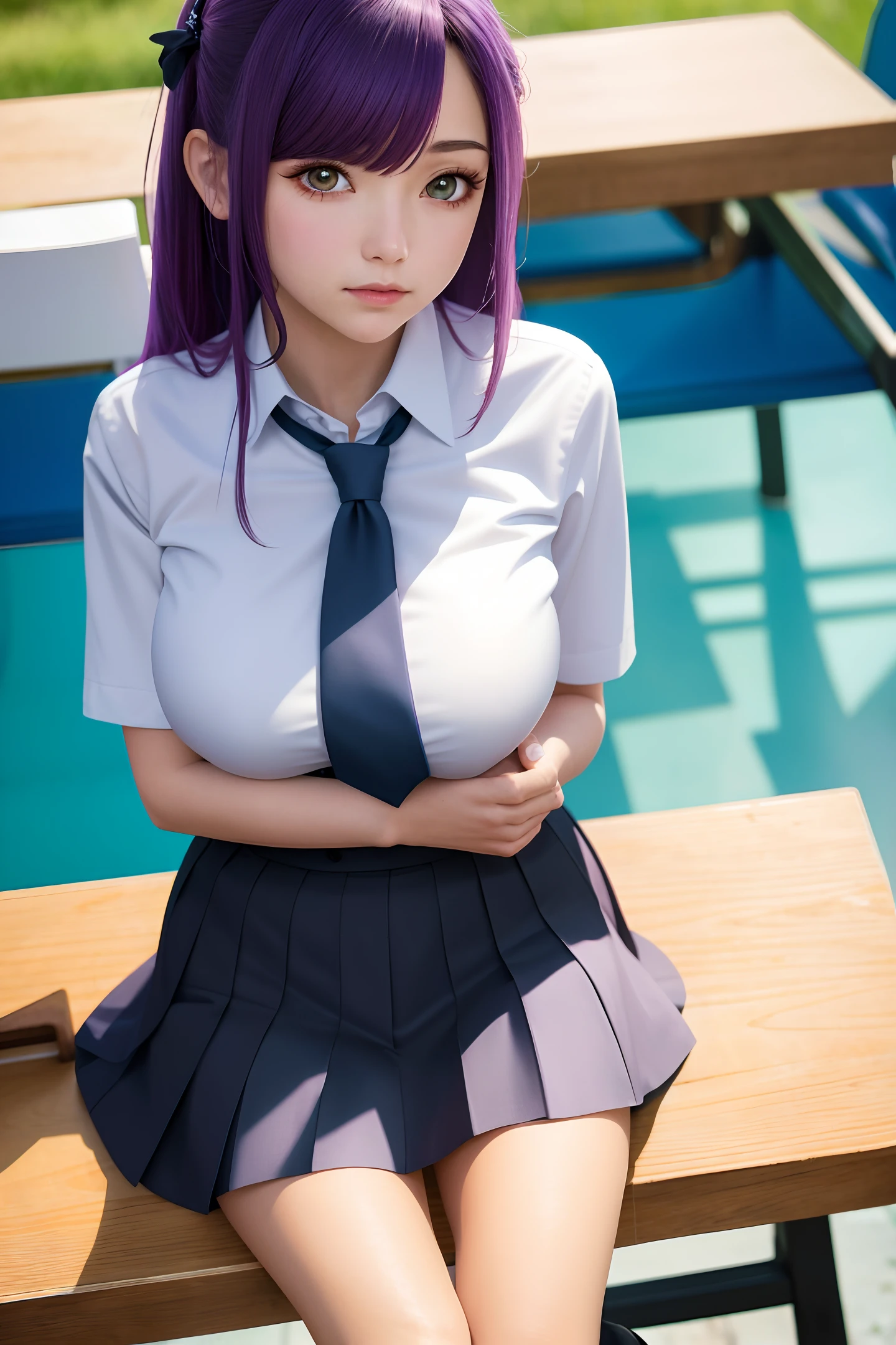 masterpiece, best quality, ultra-detailed, illustration, colorful, falt color, depth of field, lens flare,
1girl, anime, sitting, purple hair, looking at viewer,school, classroom, pleated miniskirt , school uniform, serafuku, black pantyhose, detailed skin texture, detailed cloth texture, beautiful detailed face, big breast, angelic face