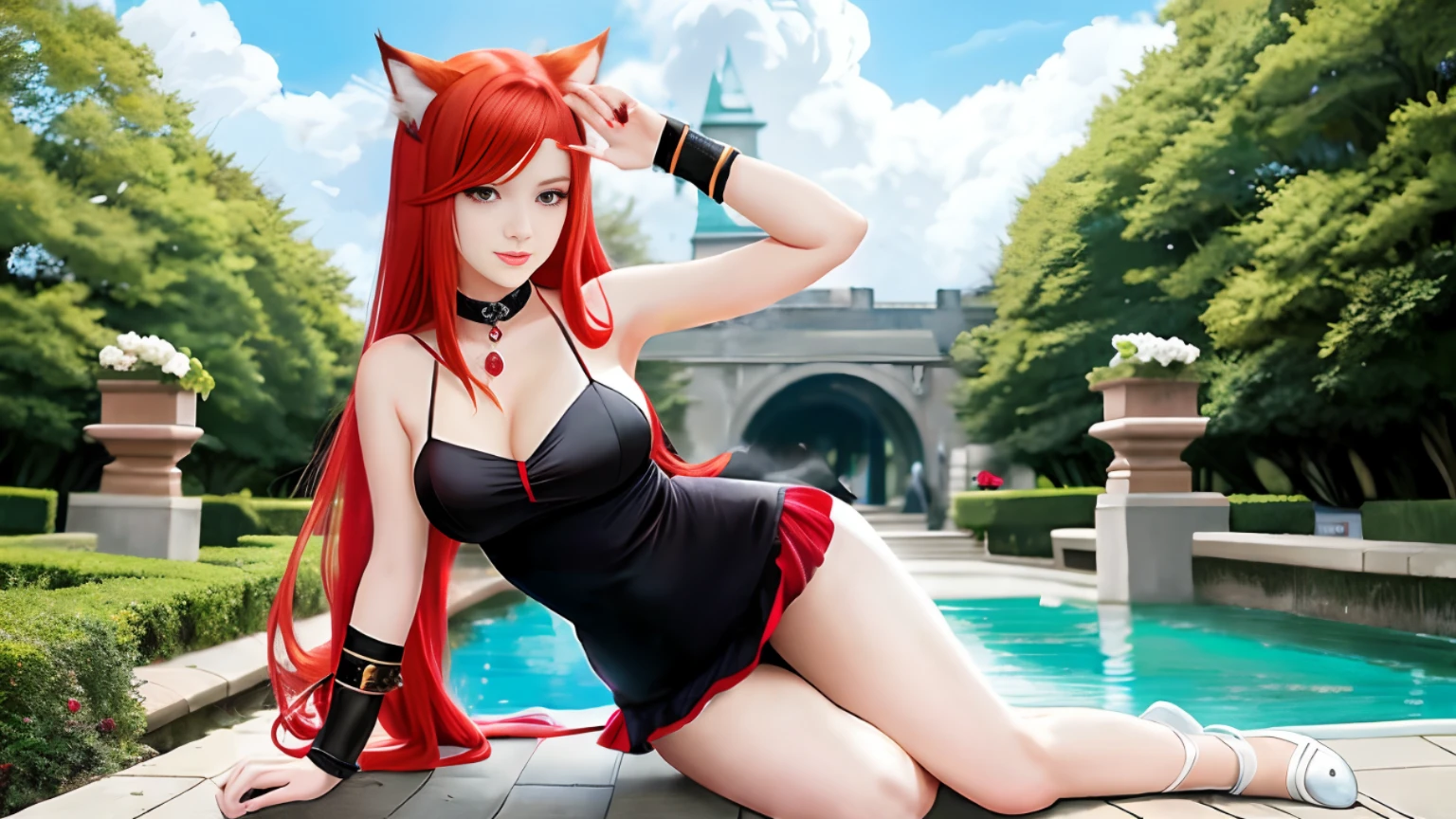 anime character with long red hair and a cat ears smoking a cigarette, attractive cat girl, spellcasting pose, cyarine, catgirl, cat girl, beautiful young catgirl, final fantasy  style, tranding on pxiv, elegant pose, cattie - brie of mithril hall, succubus in tight short dress, evil pose, full pose