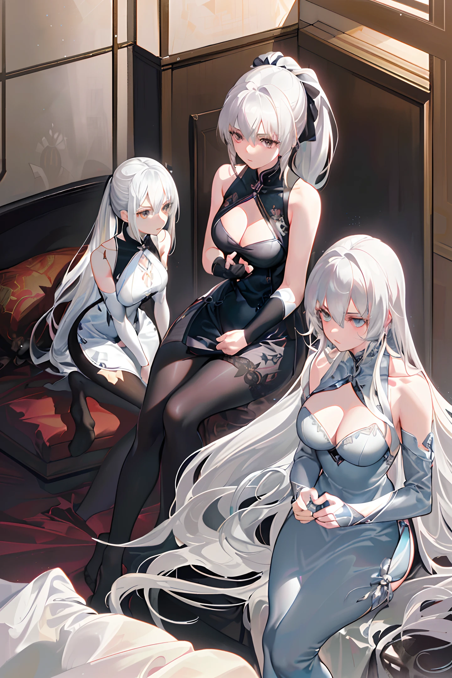 (((2 girls))),ray traced, (dim light), [realistic] ((detailed background(bedroom))),(((silver hair)), (((A long disheveled woman with silver hair , busty but slender girls with high ponytails))) are in the ominous bedroom, averting their blonde eyes, ((and the girls wear intricately embroidered blackhighslitcheongsams with pantyhose and whitefurtrimelbowgloves)), while the girls sit in a pretty touch intimate with each other to show their delicate slender figures and slender and curvaceous beauties, correct limbs