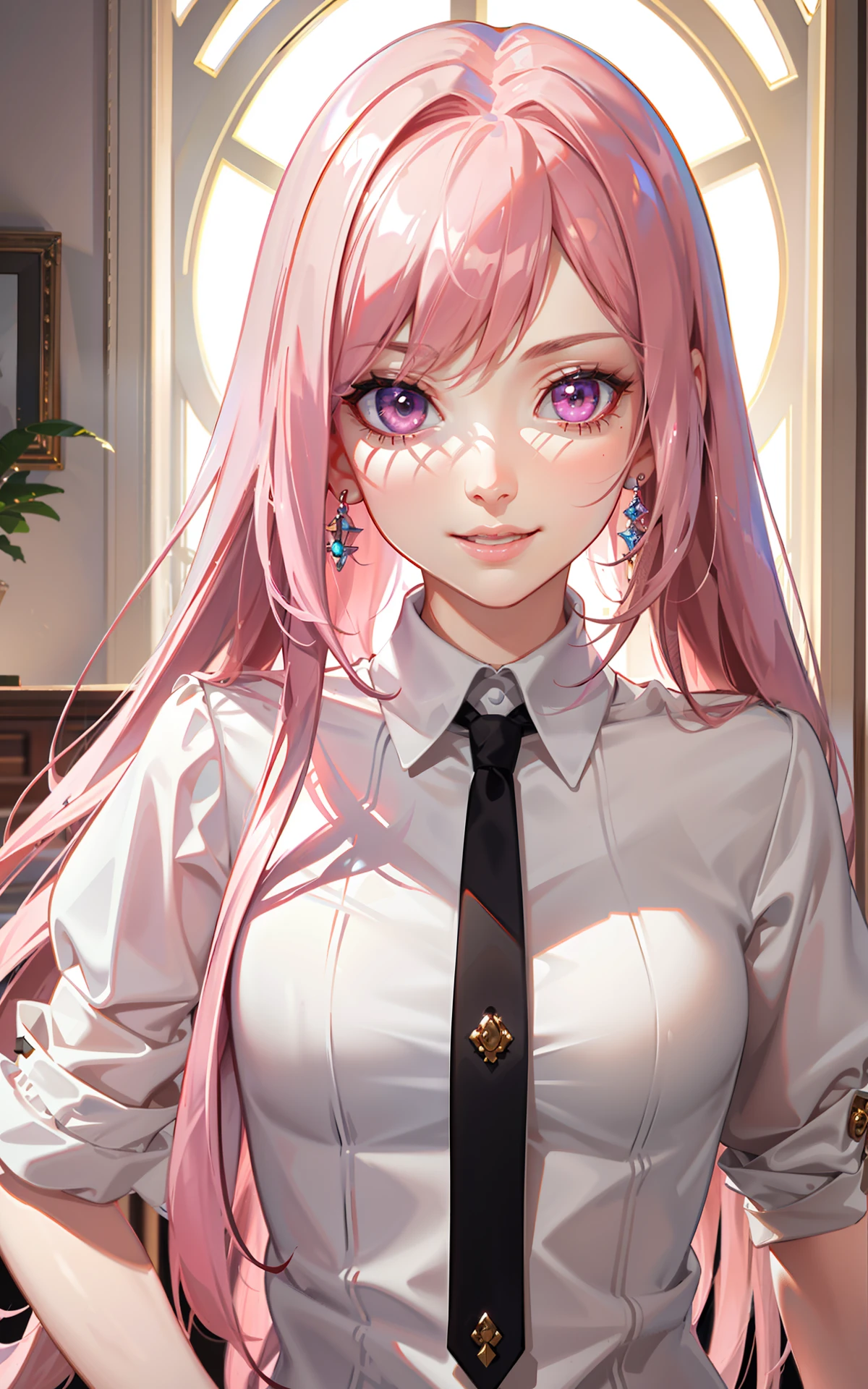 (masterpiece, finely detailed beautiful eyes: 1.2), (long pink hair:1.2), (pink eyes color:1.1),  straight hair, (white shirt:1.2), black mini leather skirt, realistic lighting, beautiful lighting, raytracing, photorealistic, (hyperrealistic:1.2), highres, 4k, 8k, (extremely detailed CG, 8k wallpaper:1.1), extremely detailed, sharp, digital illustration, detailed, realism, beautiful face, highly detailed face, ultra-realistic, masterpiece, detailed eyes, hyper-detailed, volumetric lighting, realistic shadows, intricate details, small details, cheerful, smile
