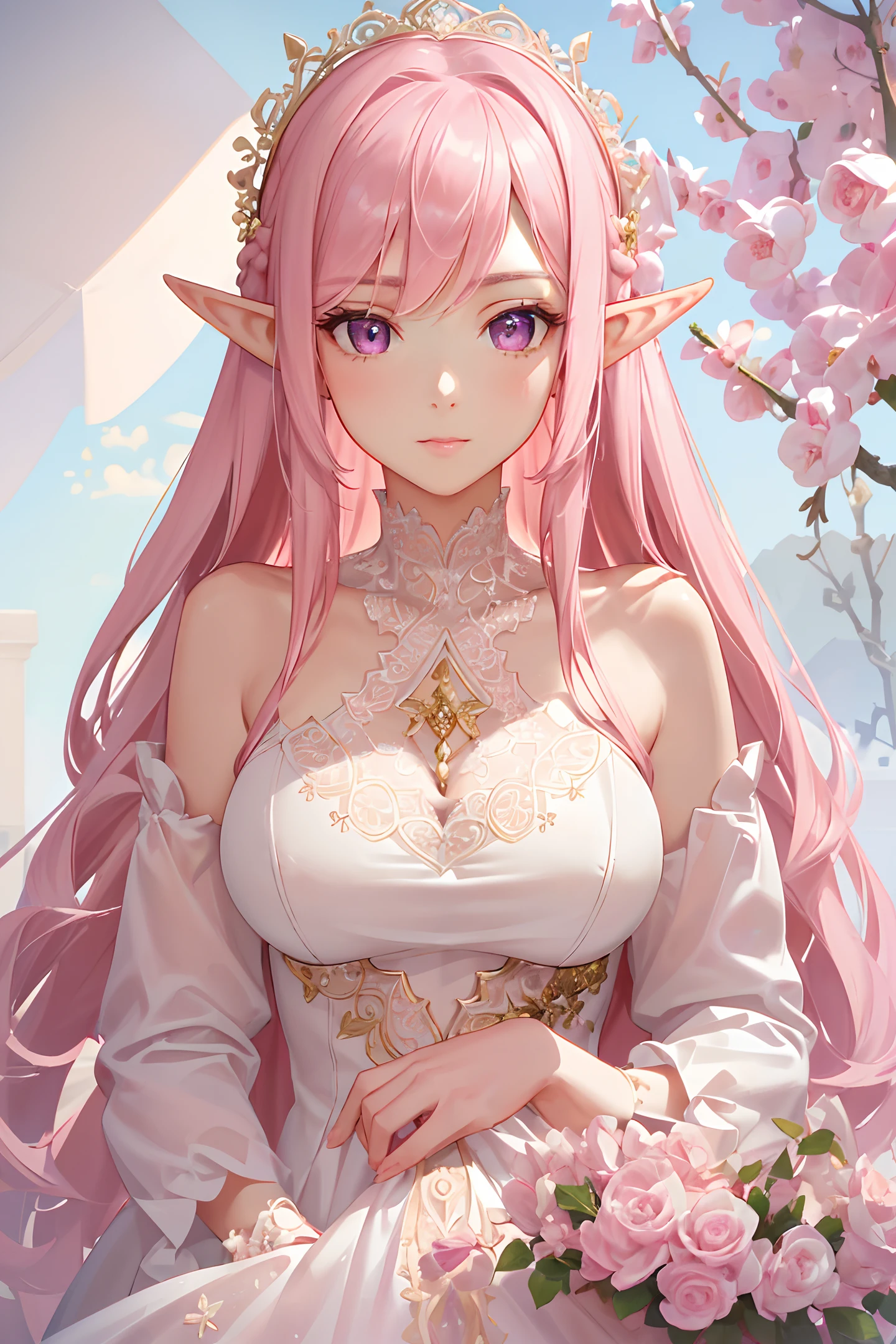 1girl, pink long hair, large breasts, (epic), (elegant), ((detailed)), ((best quality)), ((masterpiece, sidelighting, finely detailed beautiful eyes: 1.2)), extremely_detailed_wallpaper, highres, ((lace)), beautiful detailed glow, masterpiece*portrait, 3d face, lustrous skin, upper body, realistic, perfect face, elf ears, pink eyes