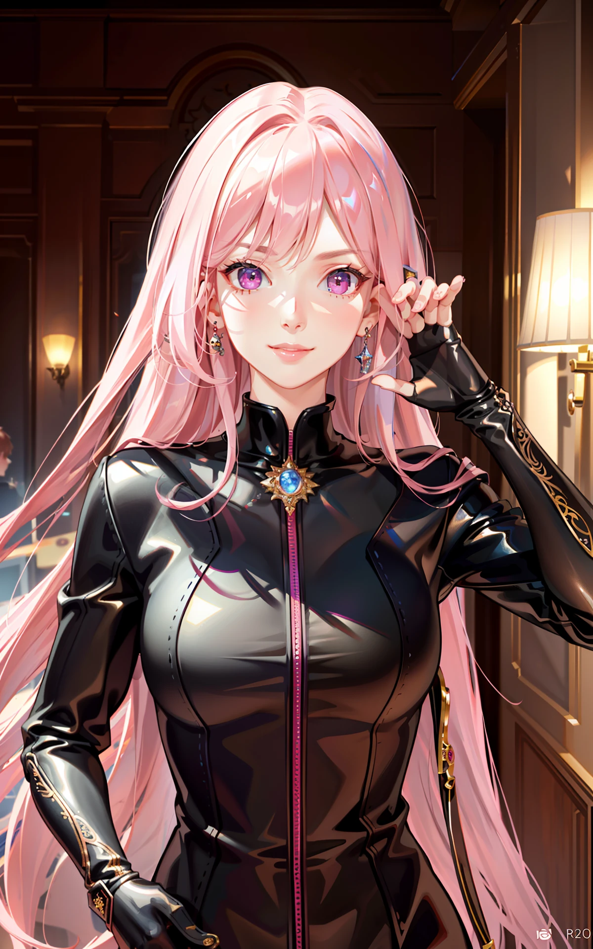 (masterpiece, finely detailed beautiful eyes: 1.2), (long pink hair:1.2), (pink eyes color:1.1), straight hair, hair in front, (black leather suit:1.2), realistic lighting, beautiful lighting, raytracing, photorealistic, (hyperrealistic:1.2), highres, 4k, 8k, (extremely detailed CG, 8k wallpaper:1.1), extremely detailed, sharp, digital illustration, detailed, realism, beautiful face, highly detailed face, ultra-realistic, masterpiece, detailed eyes, hyper-detailed, volumetric lighting, realistic shadows, intricate details, small details, cheerful, smile