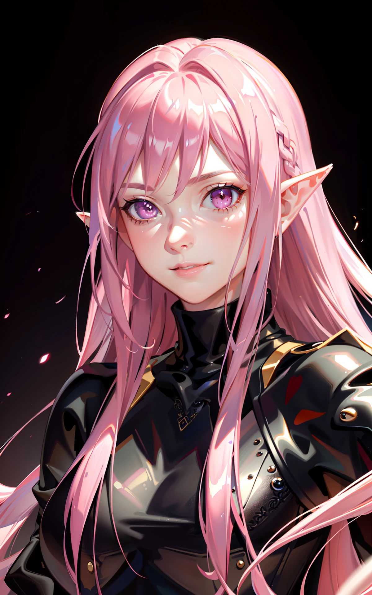 (masterpiece, finely detailed beautiful eyes: 1.2), (long pink hair:1.2), (pink eyes color:1.1),  straight hair, hair in front, (black leather suit:1.2),  realistic lighting, beautiful lighting, raytracing, photorealistic, (hyperrealistic:1.2), highres, 4k, 8k, (extremely detailed CG, 8k wallpaper:1.1), extremely detailed, sharp, digital illustration, detailed, realism, beautiful face, highly detailed face, ultra-realistic, masterpiece, detailed eyes, hyper-detailed, volumetric lighting, realistic shadows, intricate details, small details, cheerful, smile, elf ears