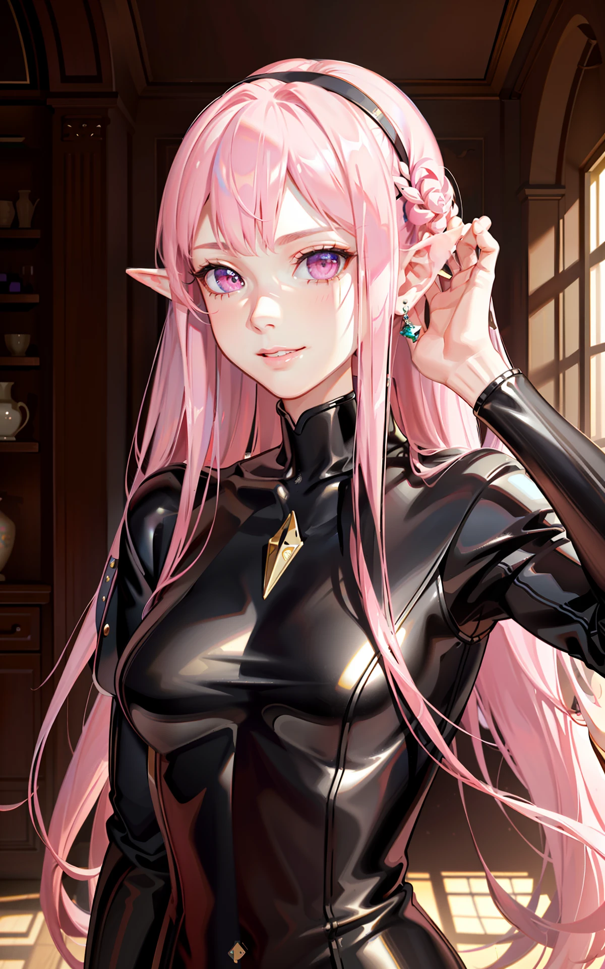 (masterpiece, finely detailed beautiful eyes: 1.2), (long pink hair:1.2), (pink eyes color:1.1),  straight hair, hair in front, (black leather suit:1.2),  realistic lighting, beautiful lighting, raytracing, photorealistic, (hyperrealistic:1.2), highres, 4k, 8k, (extremely detailed CG, 8k wallpaper:1.1), extremely detailed, sharp, digital illustration, detailed, realism, beautiful face, highly detailed face, ultra-realistic, masterpiece, detailed eyes, hyper-detailed, volumetric lighting, realistic shadows, intricate details, small details, cheerful, smile, elf ears