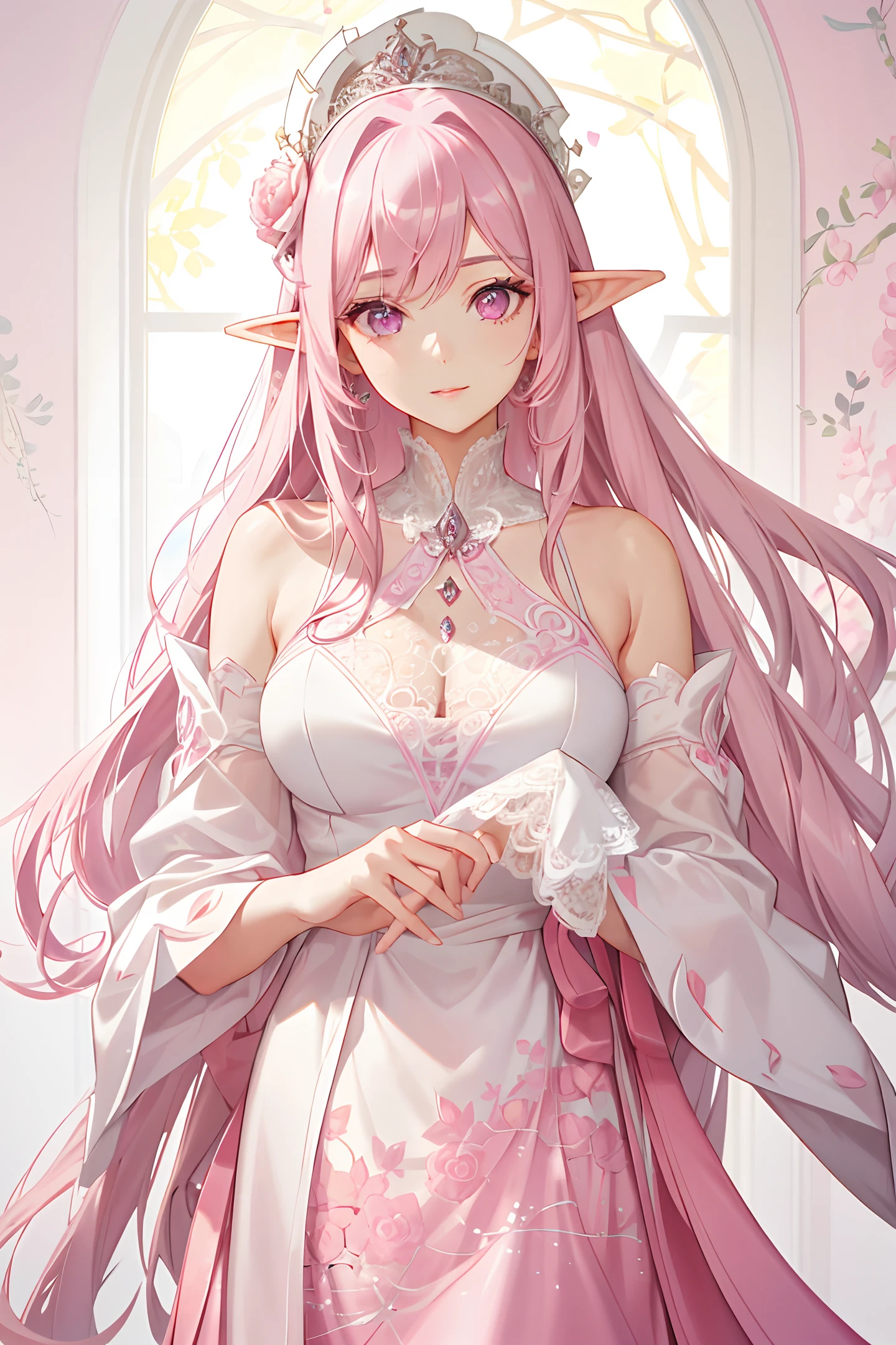 1girl, pink long hair, straight hair, large breasts, (epic), (elegant), ((detailed)), ((best quality)), ((masterpiece, sidelighting, finely detailed beautiful eyes: 1.2)), extremely_detailed_wallpaper, highres, ((lace)), beautiful detailed glow, masterpiece*portrait, 3d face, lustrous skin, upper body, realistic, perfect face, elf ears, pink eyes, aged 24