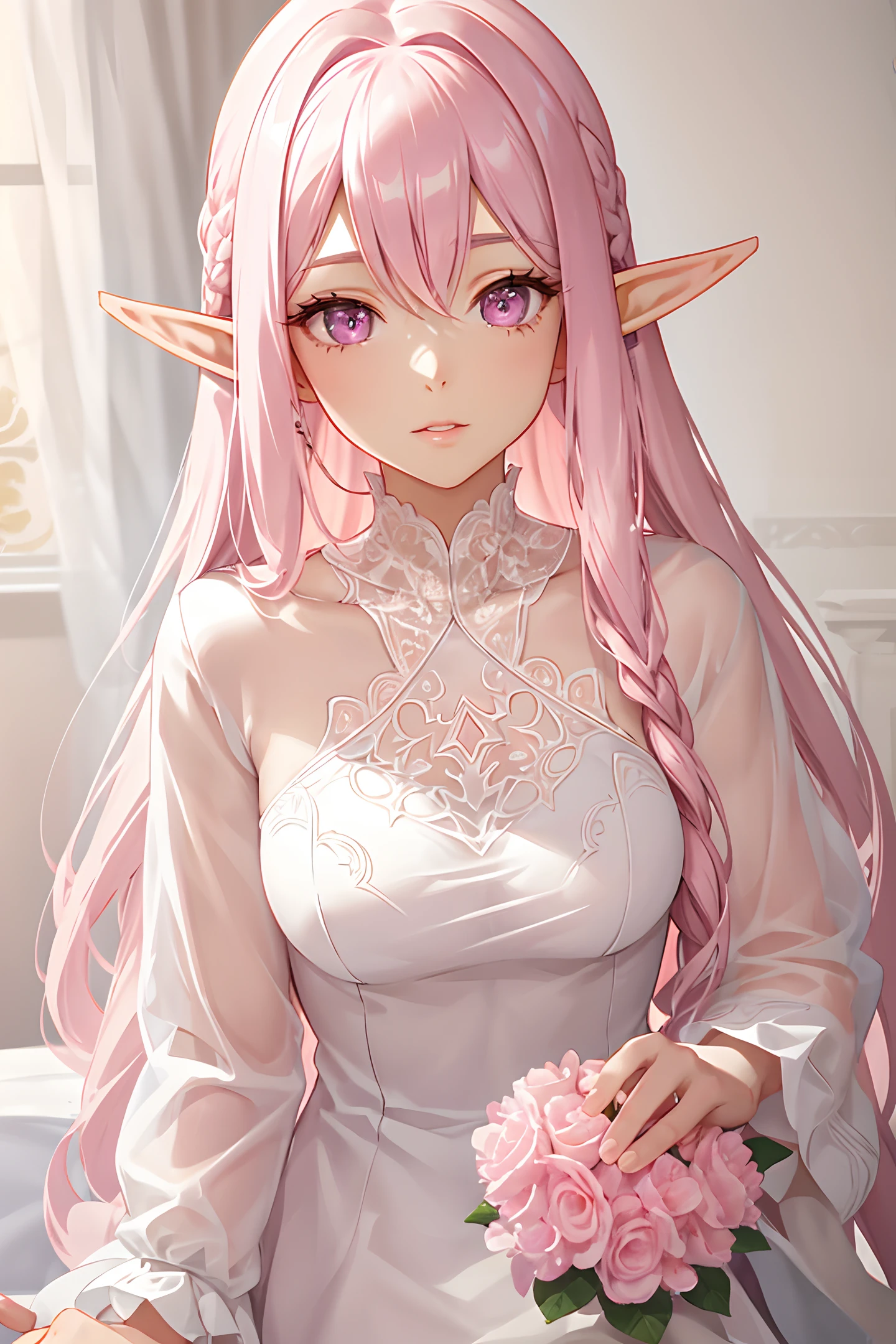 1girl, pink long hair, straight hair, large breasts, (epic), (elegant), ((detailed)), ((best quality)), ((masterpiece, sidelighting, finely detailed beautiful eyes: 1.2)), extremely_detailed_wallpaper, highres, ((lace)), black fantasy outfit, beautiful detailed glow, masterpiece*portrait, 3d face, lustrous skin, upper body, realistic, perfect face, long elf ears, pink eyes, young adult, aged 24