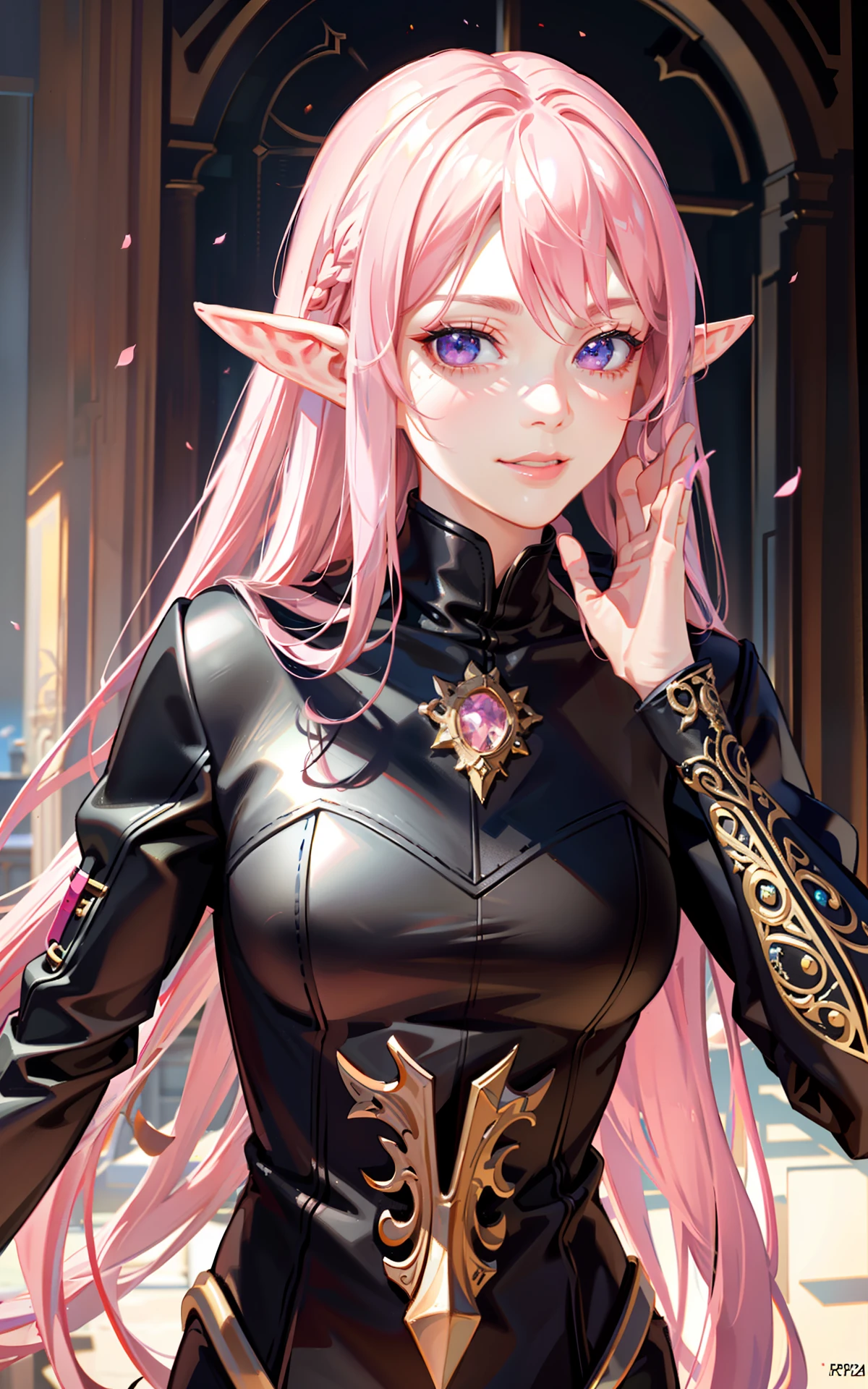 (masterpiece, finely detailed beautiful eyes: 1.2), (long pink hair:1.2), (pink eyes color:1.1), straight hair, (black leather fantasy suit:1.2), realistic lighting, beautiful lighting, raytracing, photorealistic, (hyperrealistic:1.2), highres, 4k, 8k, (extremely detailed CG, 8k wallpaper:1.1), extremely detailed, sharp, digital illustration, detailed, realism, beautiful face, highly detailed face, ultra-realistic, masterpiece, detailed eyes, hyper-detailed, volumetric lighting, realistic shadows, intricate details, small details, cheerful, smile, long elf ears