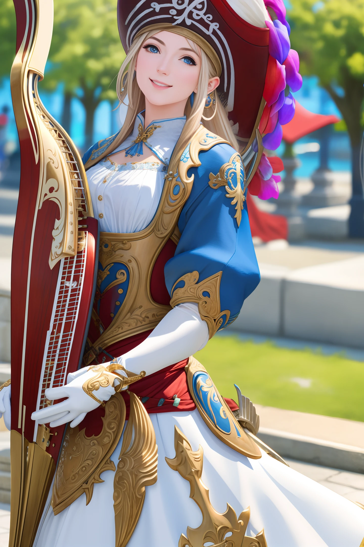 (masterpiece:1.2), (best quality:1.2), perfect eyes, perfect face, perfect lighting, 1girl, mature female bard playing music in a city square, crowd, harp, musical instrument, smile, medium hair, Intricate hairstyle, brd_glam, blue leather corset, mittens, white skirt, hair accessories, detailed background, makeup, eyeshadow, thick eyelashes, fantasy