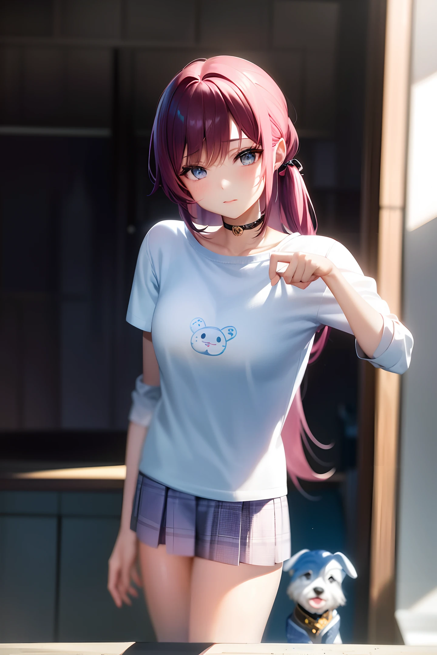 "a girl, An exquisitely detailed and beautifully rendered CG artwork featuring the epic, blue-eyed protagonist Gojou Satoru gazing directly at the viewer while standing at the sea background, Puppy pattern T-shirt, (Puppy dog pattern:1.2), (Choppy waters:1.2), (pink long hair:1.2), Pink short skirt, styled with a captivating hairdo, accentuated with bangs and hair between eyes, highlighting her distinctive and stylish pink and long hair, in a manner that captivates and intrigues viewers."