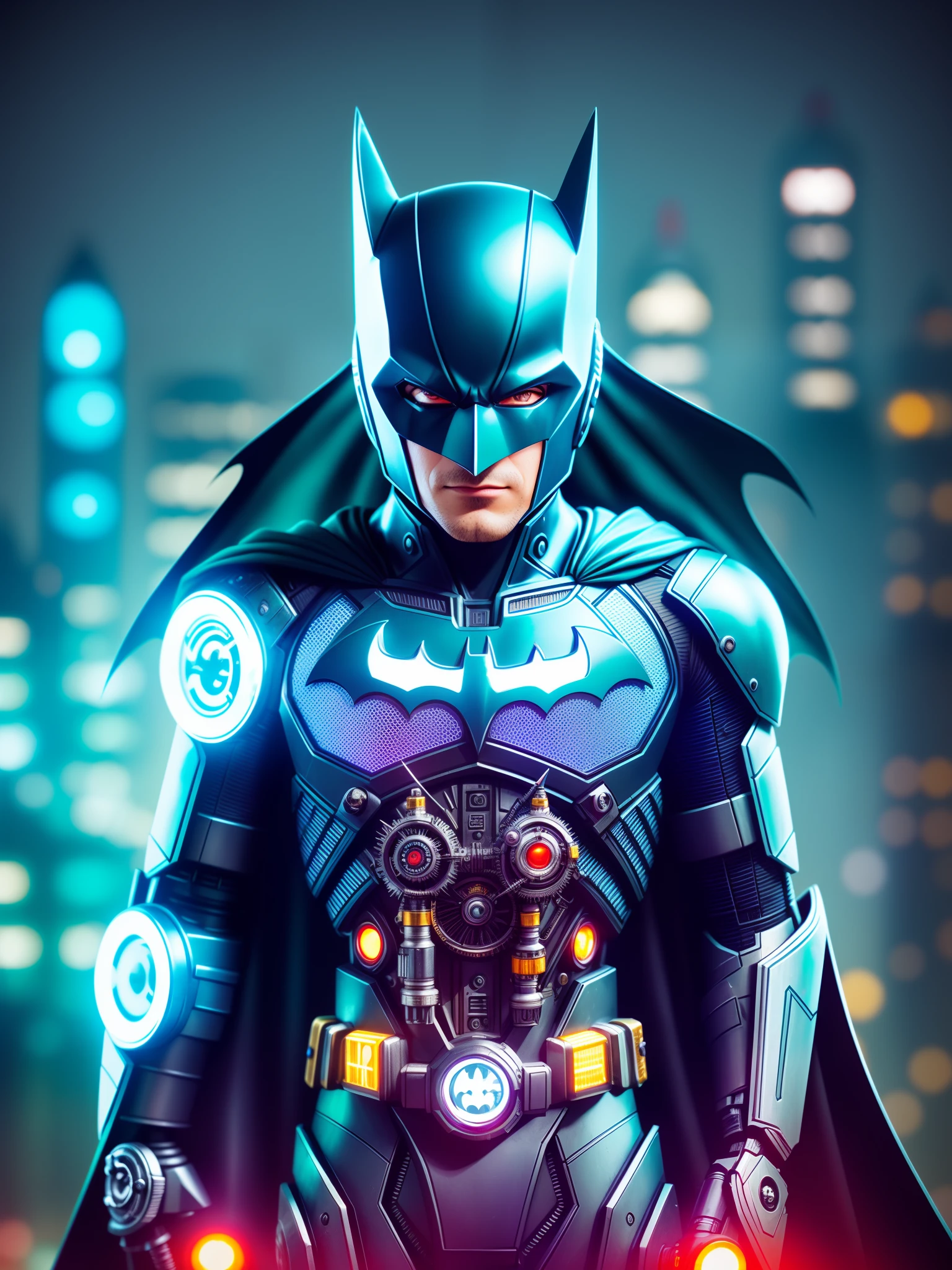 a cute batman made out of metal, cyborg, cyberpunk style, clockwork, ((intricate details)), hdr, big eyes, ((intricate details, hyperdetailed)), vacuum tube or electron tube, cinematic shot, vignette, bokeh effect beckground