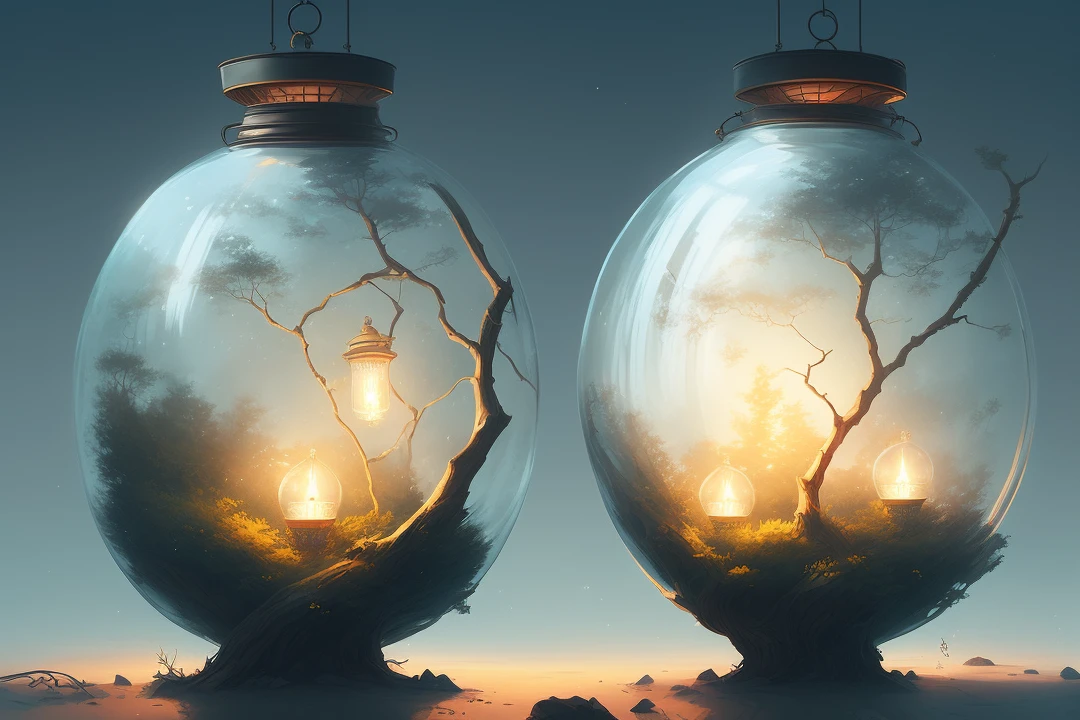 Kuvshinov, samdoesart, dreamlikeart, (((surrealism))), (Style-Glass) lantern light ball on twig and fog