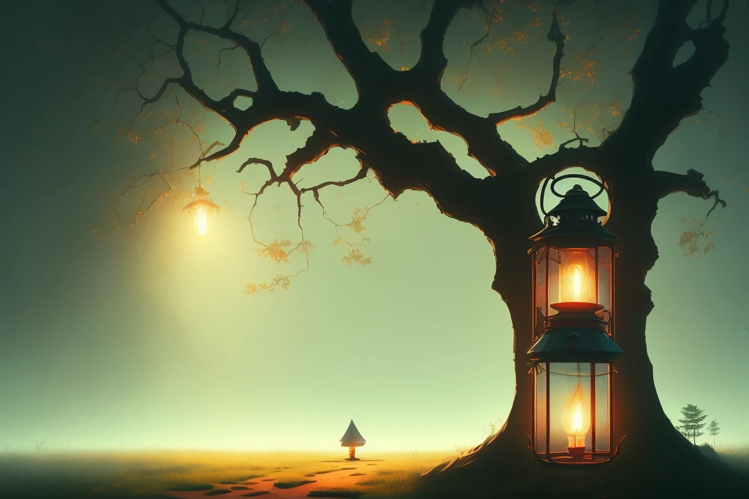Kuvshinov, samdoesart, dreamlikeart, (((surrealism))), (Style-Glass) lantern on tree twig and fog