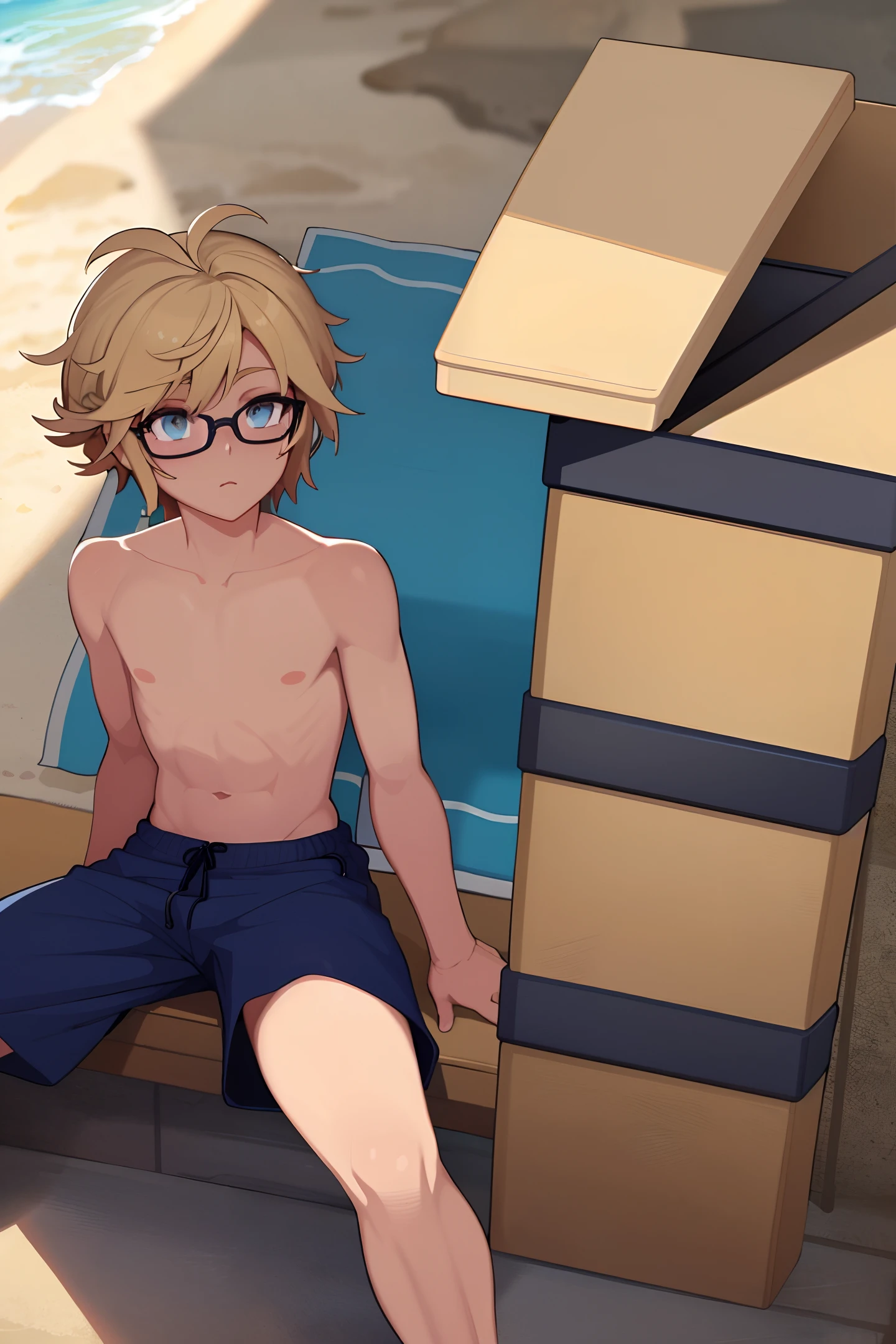 beautiful, (masterpiece:1.2), (best quality:1.2), perfect eyes, perfect face, perfect lighting, 1male, solo, swimming trunks, shorts, bulge, sitting, outdoors, full body, sunny, beach, blond hair, short hair, messy hair, young, glasses,