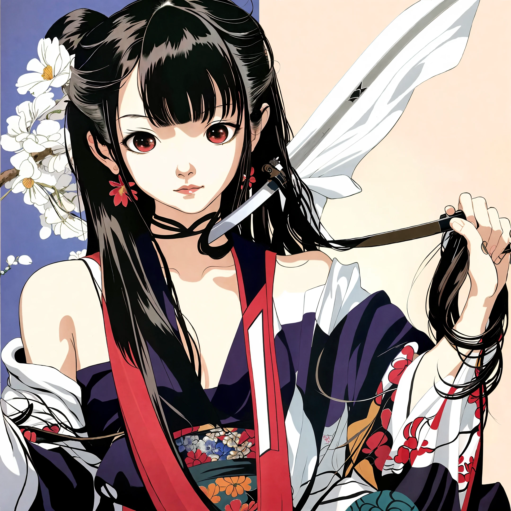 (highest resolution, distinct_image) The best quality, a women, long black hair, art style Rumiko Takahashi + wlop, old japanese, with long katana