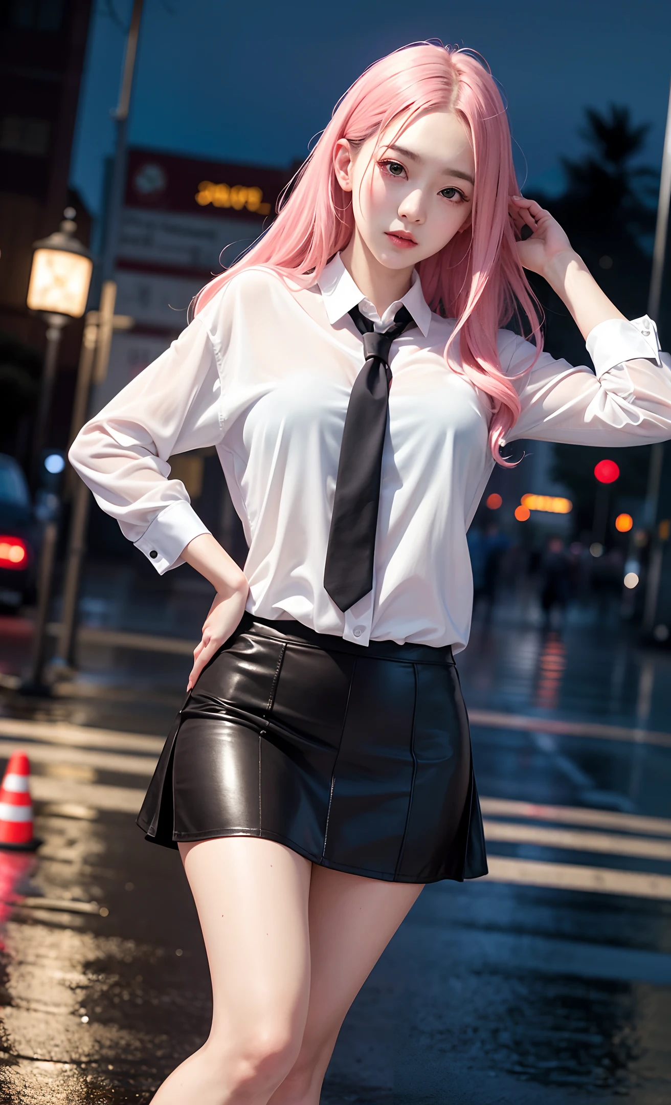 ulzzang-6500-v1.1,(raw photo:1.2), (photorealistic:1.4), beautiful detailed girl, extremely detailed eyes and face, beautiful detailed eyes,absurdres, incredibly absurdres, huge filesize , ultra-detailed, highres, extremely detailed,best quality ,masterpiece, illustration, an extremely delicate and beautiful, extremely detailed ,CG ,unity ,8k wallpaper, Amazing, finely detail, masterpiece,best quality,official art,extremely detailed CG unity 8k wallpaper, light on face, cinematic lighting, long hair, striaght hair, floating hair,adjusting hair, pink hair, wide hips, thick thighs,skinny, outdoors,leg up ,high heels, (serafuku:1.4), cityscape, street, focus on face, crowd, night sky, night,running, rain, rainy, (wet:1.1), 1 girl, office lady, white shirt tie, black mini slit leather skirt