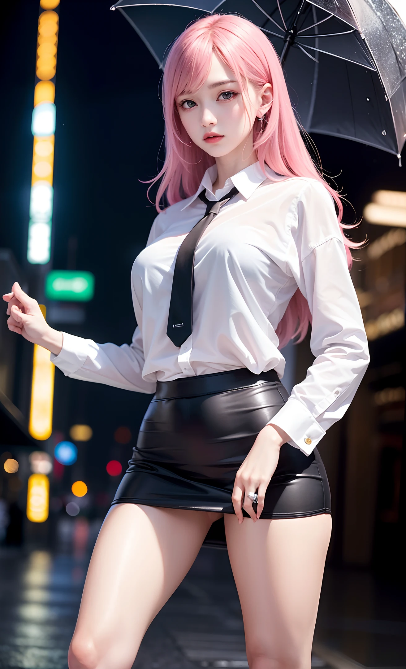 ulzzang-6500-v1.1,(raw photo:1.2), (photorealistic:1.4), beautiful detailed girl, extremely detailed eyes and face, beautiful detailed eyes,absurdres, incredibly absurdres, huge filesize , ultra-detailed, highres, extremely detailed,best quality ,masterpiece, illustration, an extremely delicate and beautiful, extremely detailed ,CG ,unity ,8k wallpaper, Amazing, finely detail, masterpiece,best quality,official art,extremely detailed CG unity 8k wallpaper, light on face, cinematic lighting, long hair, striaght hair, floating hair,adjusting hair, pink hair, wide hips, thick thighs,skinny, outdoors,leg up ,high heels, (serafuku:1.4), cityscape, street, focus on face, crowd, night sky, night,running, rain, rainy, (wet:1.1), 1 girl, office lady, white shirt tie, black mini slit leather skirt