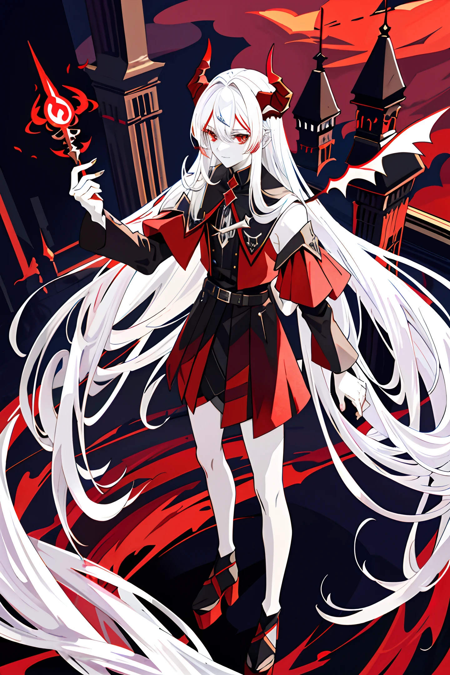 (Devil horns, devil tail, white hair, red eyes, pale skin, devil wings), (young man), (ruby staff:1.3, casting spell), crimson, dark aura, platform on top of a tall tower, red sky, swarming bats.