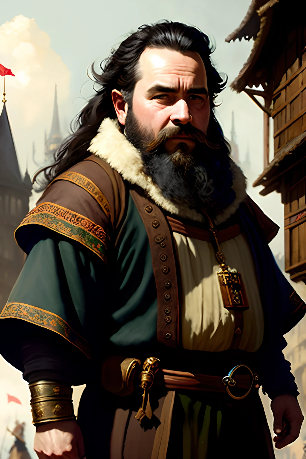 modelshoot style, (highly detailed CG unity 8k wallpaper), Medieval Paintings, Ed Blinkey, Atey Ghailan, Studio Ghibli, Jeremy Mann, Greg Manchess, Antonio Moro's Professional Majestic Paintings, ArtStation Trending, Trending on CGSociety, Complex, High detail, sharp focus, dramatic, reality drawing, midjourney and greg rutkowski, middle aged, male, Dwarf, richman, Short and stout