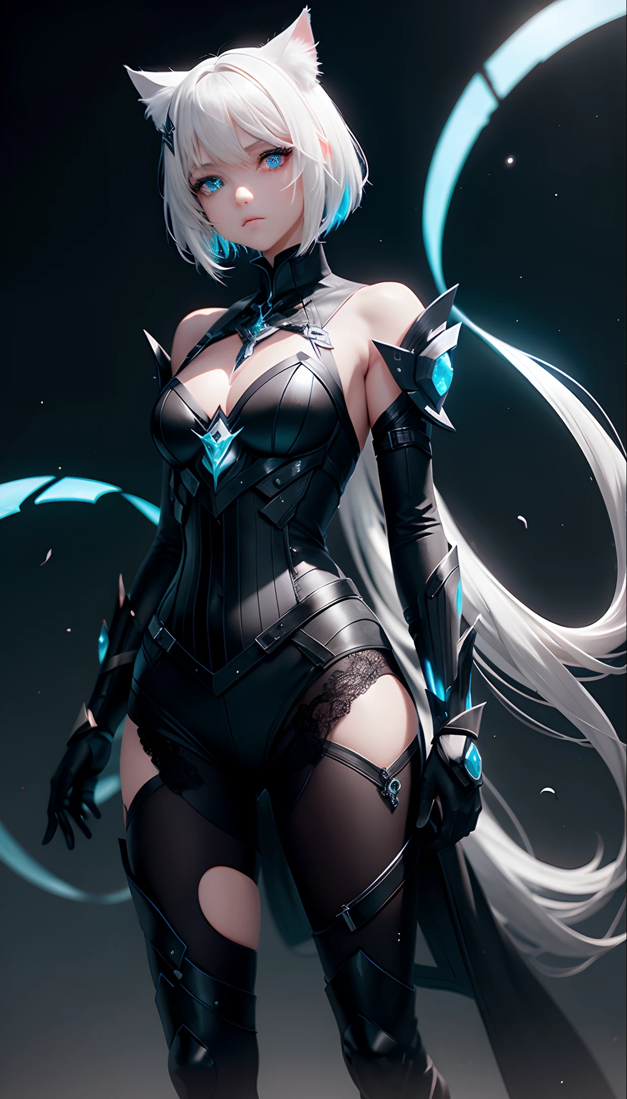 (masterpiece, best quality, ultra-detailed, best shadow), (detailed background,dark fantasy), (beautiful detailed face), high contrast, (best illumination, an extremely delicate and beautiful), ((cinematic light)), colorful, hyper detail, dramatic light, intricate details, (1 girl, solo,white hair, sharp face,blue and red eyes, hair between eyes,dynamic angle), swirling black light around the character, depth of field,black light particles,(broken ice),magic circle,cat girl,short hair, xenoblade, (heterochromia),cat ears