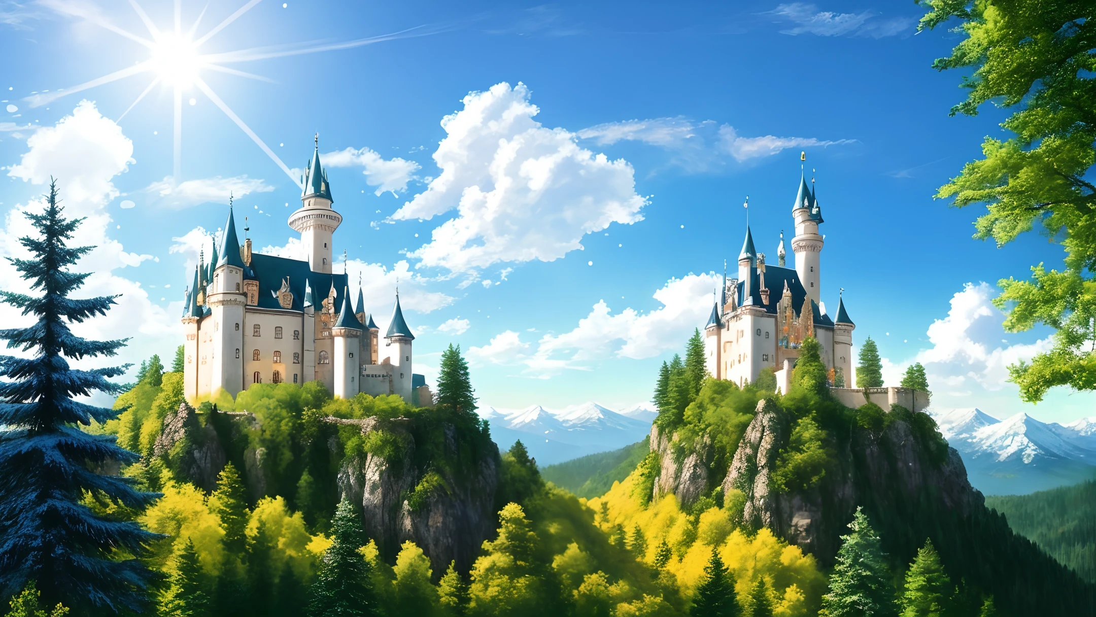 castle that looks like a snow globe, bright and sunny, fir trees and clouds, high quality, photorealism
