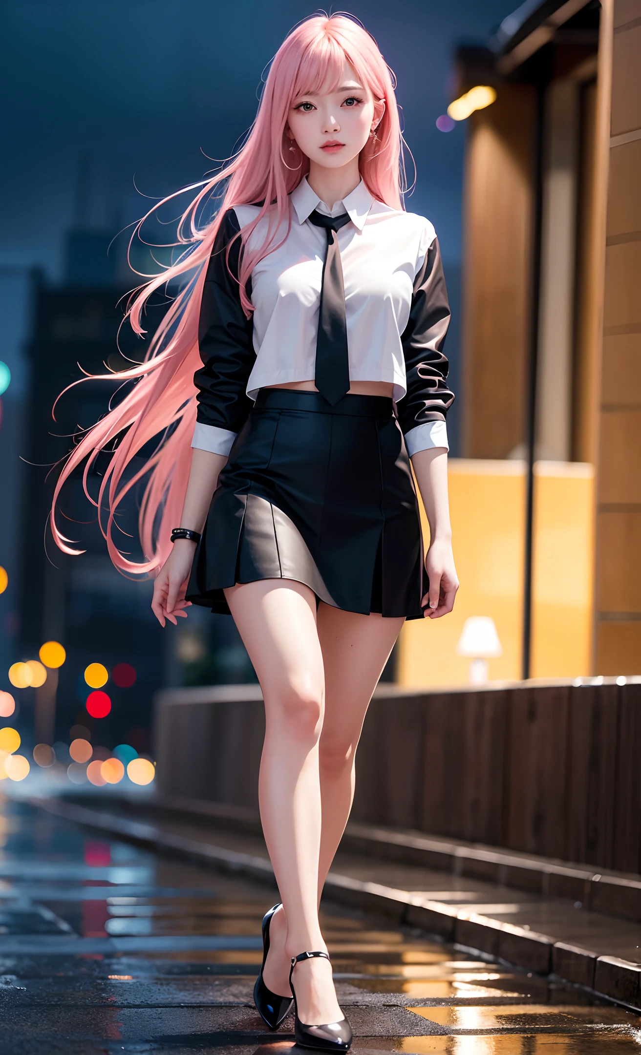 ulzzang-6500-v1.1,(raw photo:1.2), (photorealistic:1.4), beautiful detailed girl, extremely detailed eyes and face, beautiful detailed eyes,absurdres, incredibly absurdres, huge filesize , ultra-detailed, highres, extremely detailed,best quality ,masterpiece, illustration, an extremely delicate and beautiful, extremely detailed ,CG ,unity ,8k wallpaper, Amazing, finely detail, masterpiece,best quality,official art,extremely detailed CG unity 8k wallpaper, light on face, cinematic lighting, long hair, striaght hair, floating hair,adjusting hair, pink hair, wide hips, thick thighs, outdoors,leg up ,high heels, (serafuku:1.4), cityscape, street, focus on face, crowd, night sky, night,running, rain, rainy, (wet:1.1), 1 girl, office lady, white shirt tie, black mini slit leather skirt