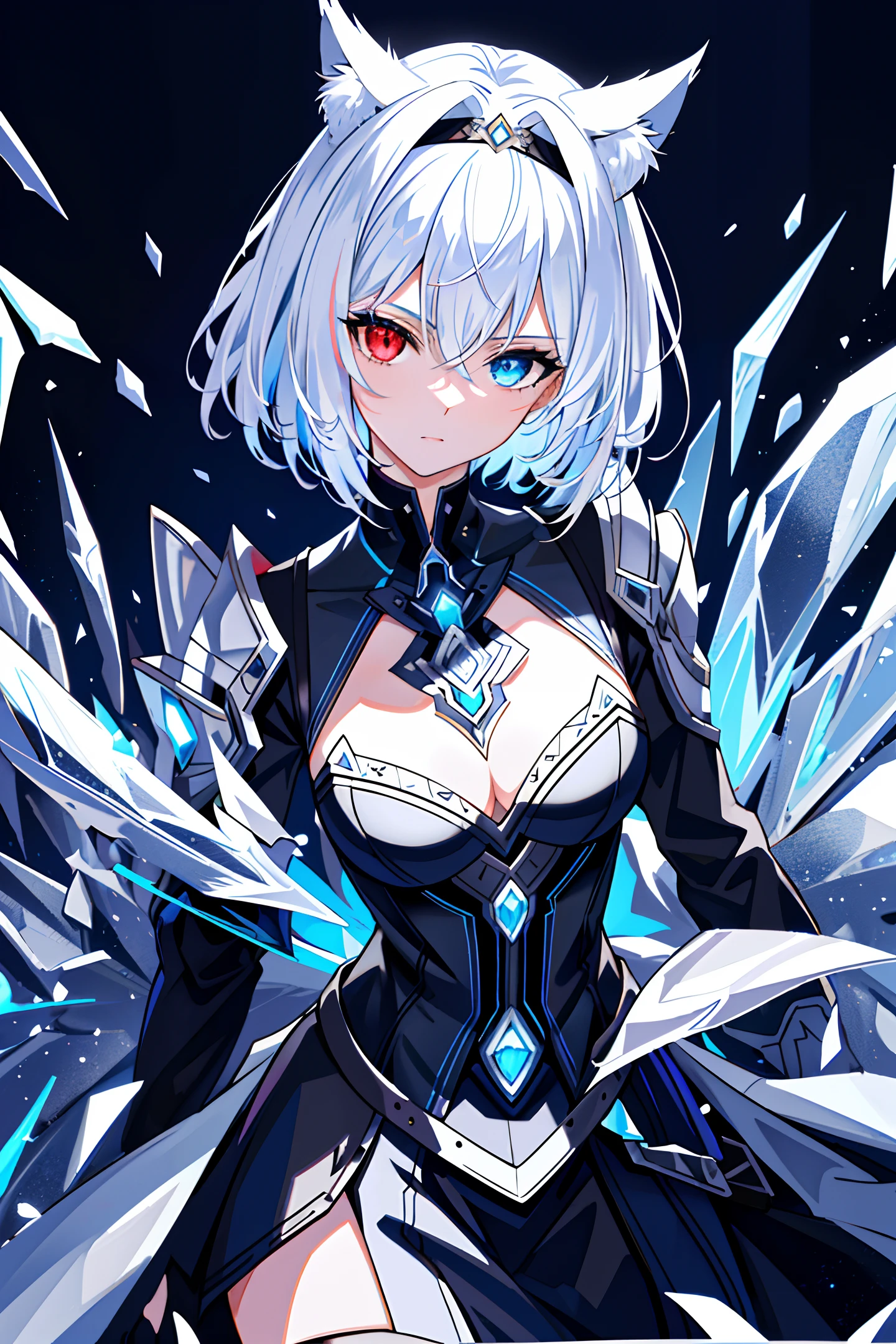 (masterpiece, best quality, ultra-detailed, best shadow), (detailed background,dark fantasy), (beautiful detailed face), high contrast, (best illumination, an extremely delicate and beautiful), ((cinematic light)), colorful, hyper detail, dramatic light, intricate details, (1 girl, solo,white hair, sharp face,blue and red eyes, hair between eyes,dynamic angle), swirling black light around the character, depth of field,black light particles,(broken ice),magic circle,cat girl,short hair, xenoblade, (heterochromia),cat ears