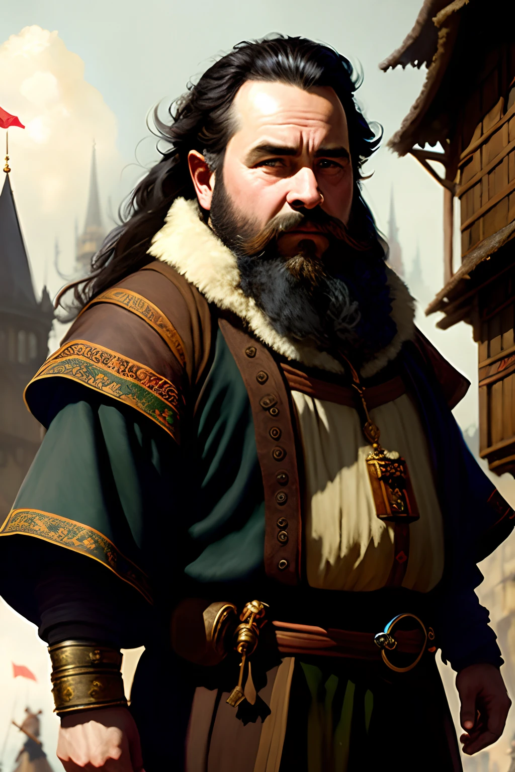 modelshoot style, (highly detailed CG unity 8k wallpaper), Medieval Paintings, Ed Blinkey, Atey Ghailan, Studio Ghibli, Jeremy Mann, Greg Manchess, Antonio Moro's Professional Majestic Paintings, ArtStation Trending, Trending on CGSociety, Complex, High detail, sharp focus, dramatic, reality drawing, midjourney and greg rutkowski, middle aged, male, Dwarf, richman, Short and stout
