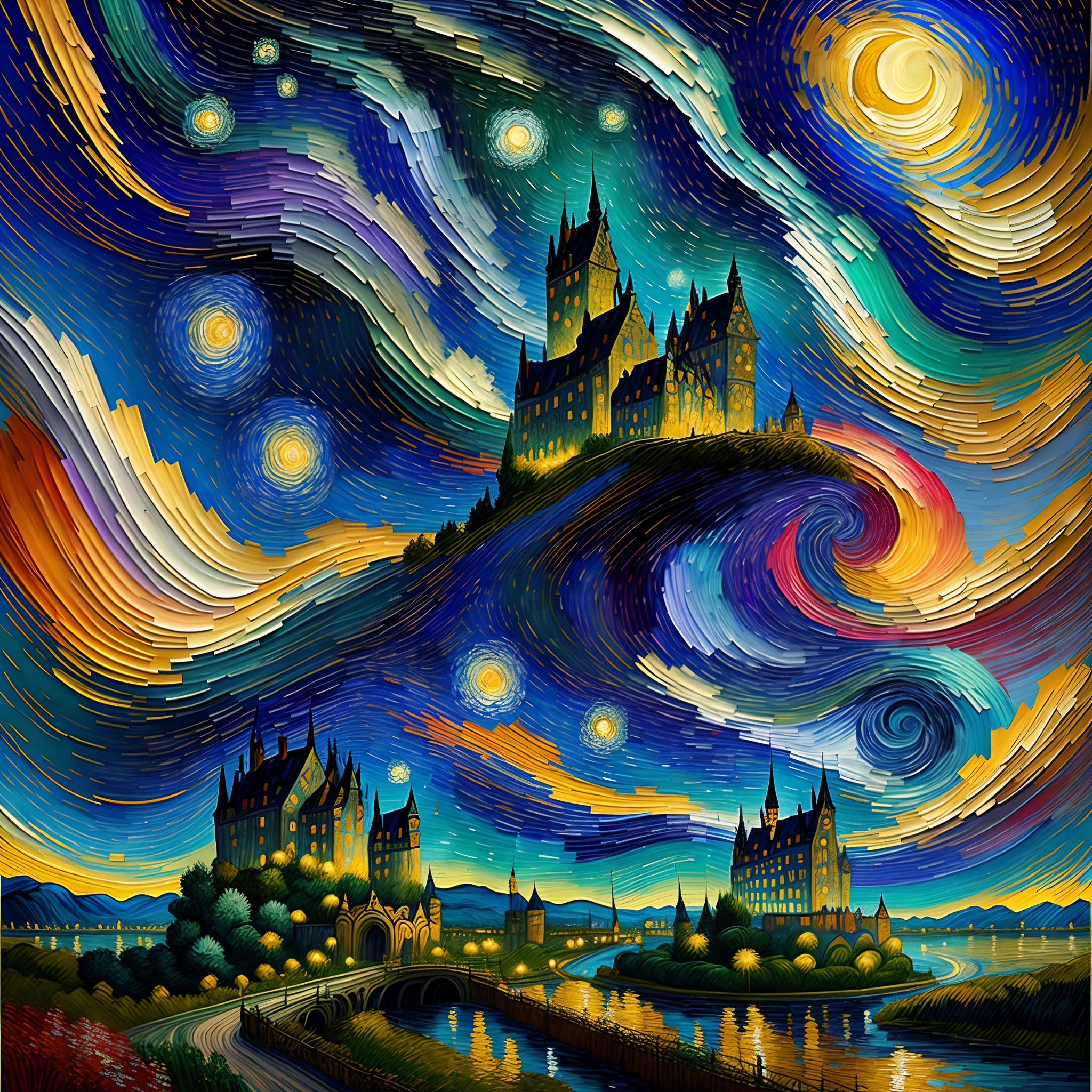 In a Van Gogh-inspired painting, the castle swirls as bright colors breathe life into its soaring walls. Expressionist brushstrokes capture the grandeur of the building, while the star-studded sky echoes the artist's signature style.