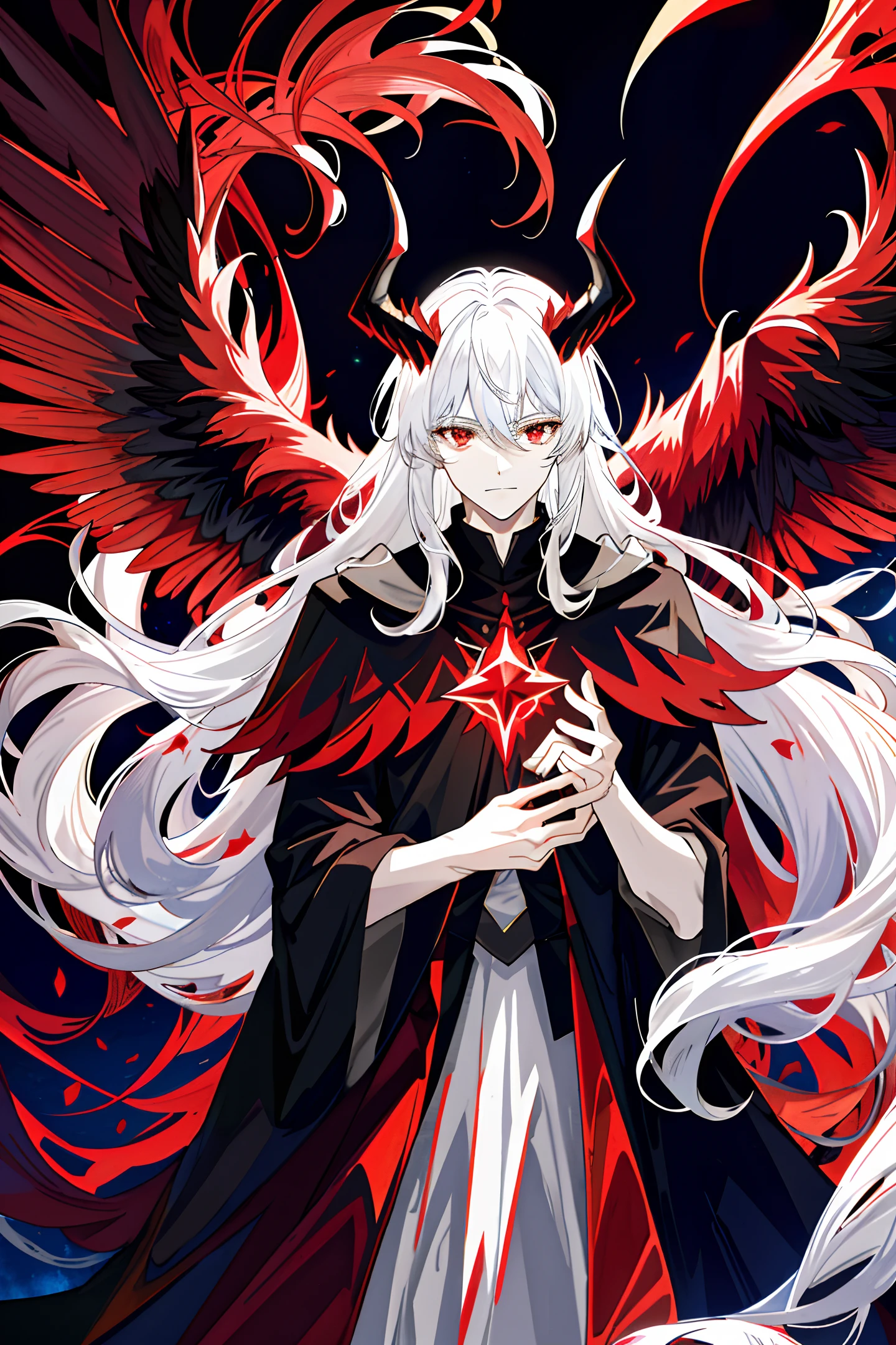 The dark forest was lit by fire, and a young man with magic horns and tail, white hair, red eyes, pale skin, and black wings waved a ruby wand and cast powerful spells. The scene is bathed in vivid reds and ominous darkness, with broken halos floating overhead.