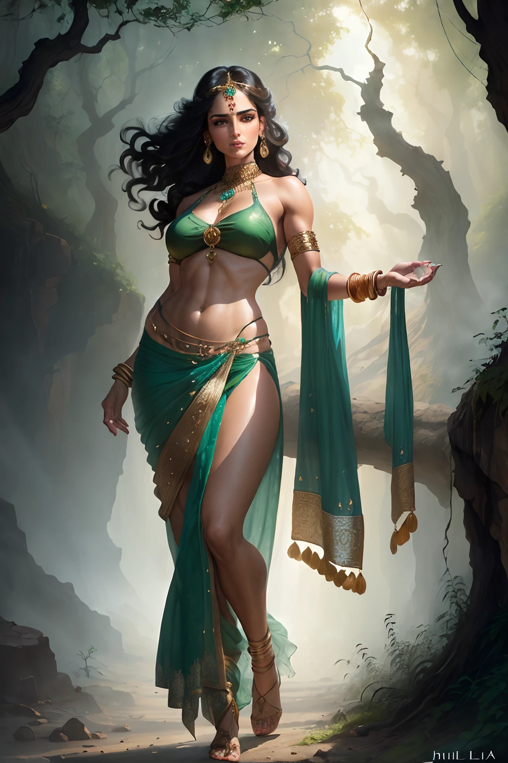 ((realistic:1.5)),((best quality)), ((masterpiece)),((detailed)),
(1girl), {a beautiful female wearing a Sari},
(full body:1.3),super-wide-angle lens,face focus,
mature,sexy,toned muscles,long legs,curvy, barefoot, large breasts, cleavage,thick thighs,wide hips,
green eyes,long hair,floting hair,long eyelashes,
(detailed face,beautiful eye, detailed pupilss,detailed clothes features, clear background:1.3),
(Bindi,Jhumkas:1.3),
(Dress,Armlet, Haar, Payal,Maang,Jhumkas,Kamarband,Bangles:1.3),
mysterious ancient ruin, lush forests, deep canyons,bridge,river,cliff,cloud, lakes,rock,waterfalls, flowers, grass, fog,vine,tree, smoke,
best shadow,bright details,sharp,perfect composistion,
Intricate, Sharp focus, dramatic,
by Frank Frazetta,by Julie Bell,by Olivia De Berardinis,by Luis Royo,by boris vallejo,
(specular lighting:1.3),rim light,