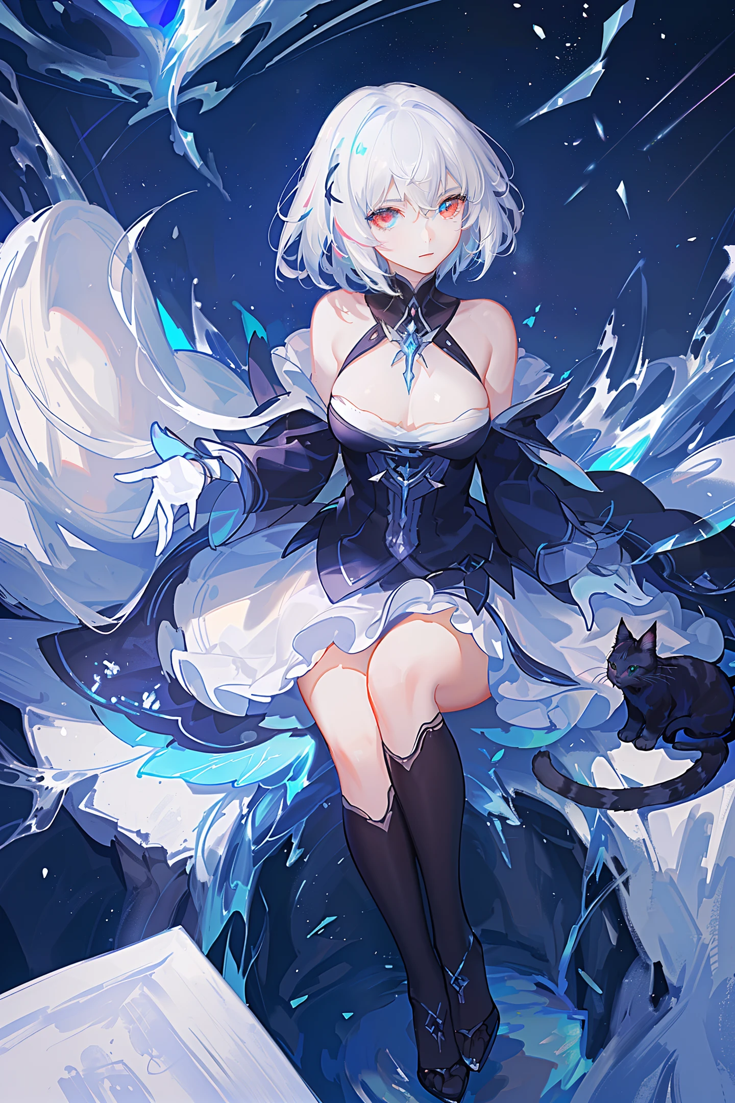 (masterpiece, best quality, ultra-detailed, best shadow), (detailed background,dark fantasy), (beautiful detailed face), high contrast, (best illumination, an extremely delicate and beautiful), ((cinematic light)), colorful, hyper detail, dramatic light, intricate details, (1 girl, solo,white hair, sharp face,blue and red eyes, hair between eyes,dynamic angle), swirling black light around the character, depth of field,black light particles,(broken ice),magic circle,cat girl,short hair, xenoblade, (heterochromia),cat ears