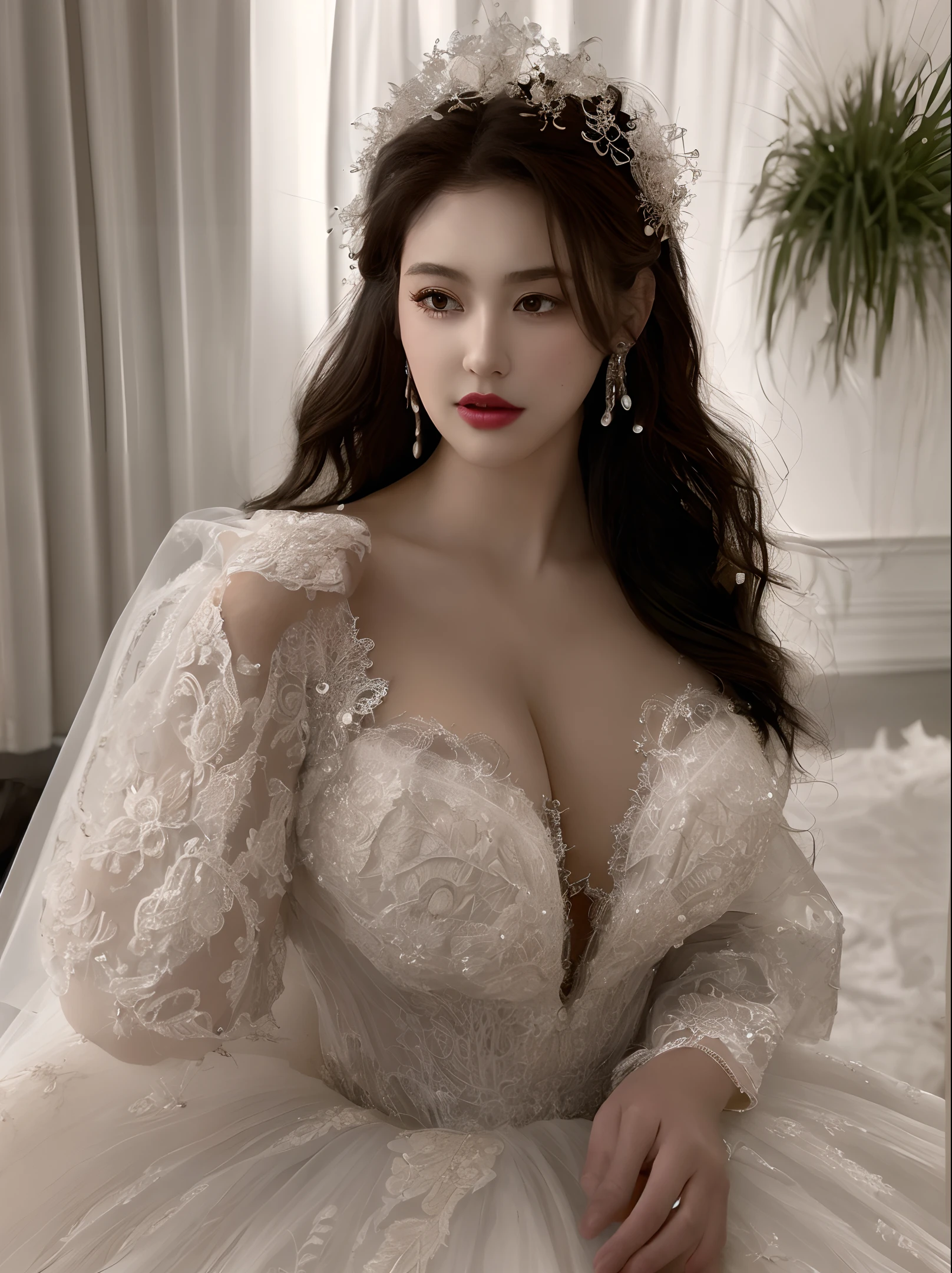 (masterpiece), best quality, highest quality, extremely detailed CG unity 8k wallpaper,original,highres,(depth of field:1.5),realistic:1.3, big breasts, cleavage, Bridal_Portrait_Style,1girl,  curtains, lips, realistic, solo, bra, dark blonde_hair, red_lips, photorealistic, wedding_dress