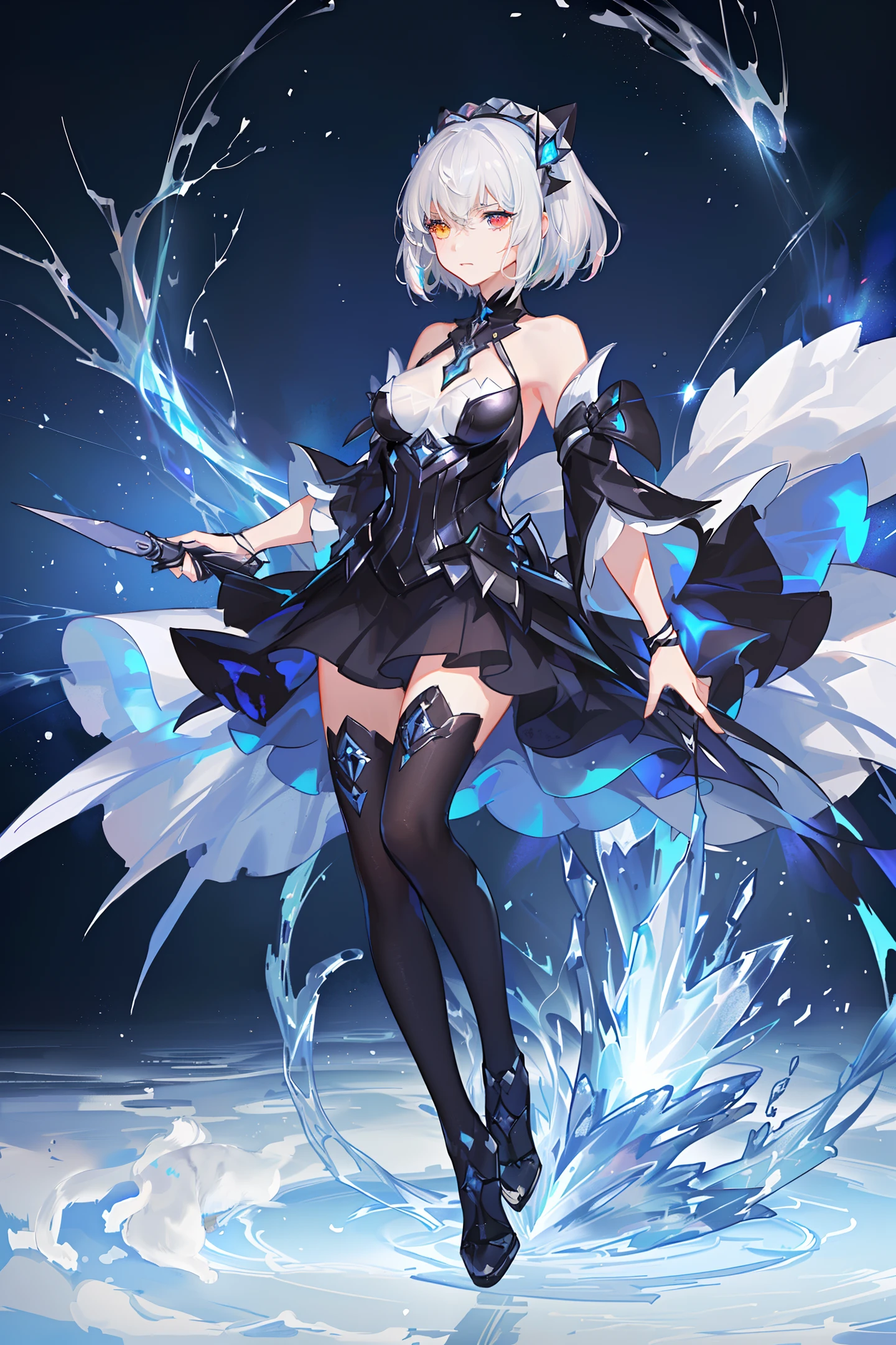 (masterpiece, best quality, ultra-detailed, best shadow), (detailed background,dark fantasy), (beautiful detailed face), high contrast, (best illumination, an extremely delicate and beautiful), ((cinematic light)), colorful, hyper detail, dramatic light, intricate details, (1 girl, solo,white hair, sharp face,blue and red eyes, hair between eyes,dynamic angle), swirling black light around the character, depth of field,black light particles,(broken ice),magic circle,cat girl,short hair, xenoblade, (heterochromia),cat ears