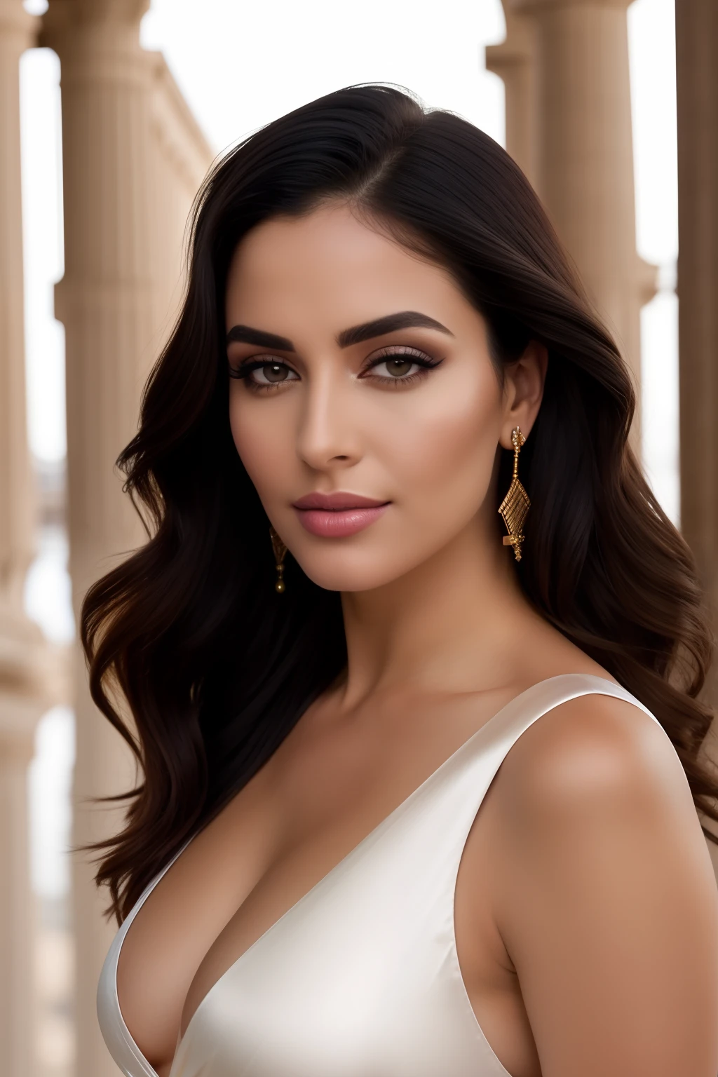 award winning ((full length)) glamour photograph, front lit,
gorgeous seductive cleopatra, flawless Grecian features, rounded chin, the full, rich lips, chiseled nostrils, low, broad, and lovely forehead, crisped, dark hair falling in heavy waves, arched eyebrows, long, bent lashes. violet eyes, standing in front of Egyptian palace, nile river in background, wearing open, skintight, see-thru ((white silk tunic)) open exposed breasts and pubis, ((pubic hair)), big breasts 1.3, wearing (emerald amulet), gold Egyptian crown on head, violet eyeshadow, ((petite breasts)), extremely detailed skin, golden ratio,
RAW, analog, Nikon Z 85mm, detailed facial features, high detail, sharp focus, smooth, aesthetic, extremely detailed, photo_\(ultra\), photorealistic, realistic, post-processing, max detail, roughness, real life, ultra realistic, photorealism, photography, 8k uhd, photography, perfect hands