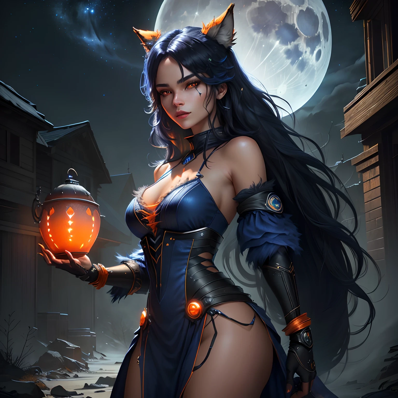 Blue Moon, Night Sky, Beautiful Female Werewolf, Mid-Length Hair, glowing orange eyes, realisitic, highly detailed, Unreal Engine, 8k