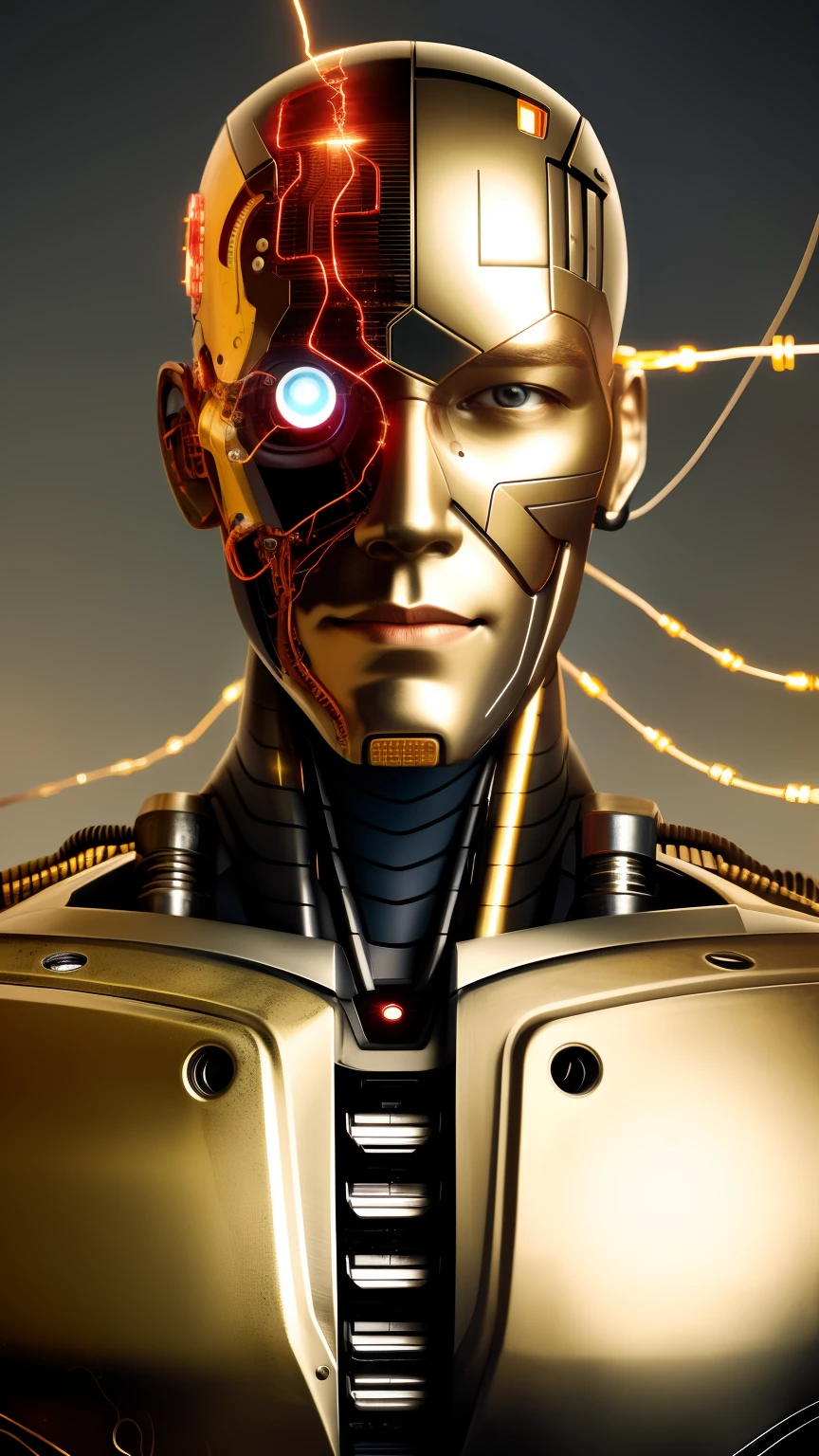 cyborg man portrait, exposed wires, gold oil leaking from rusty wires 