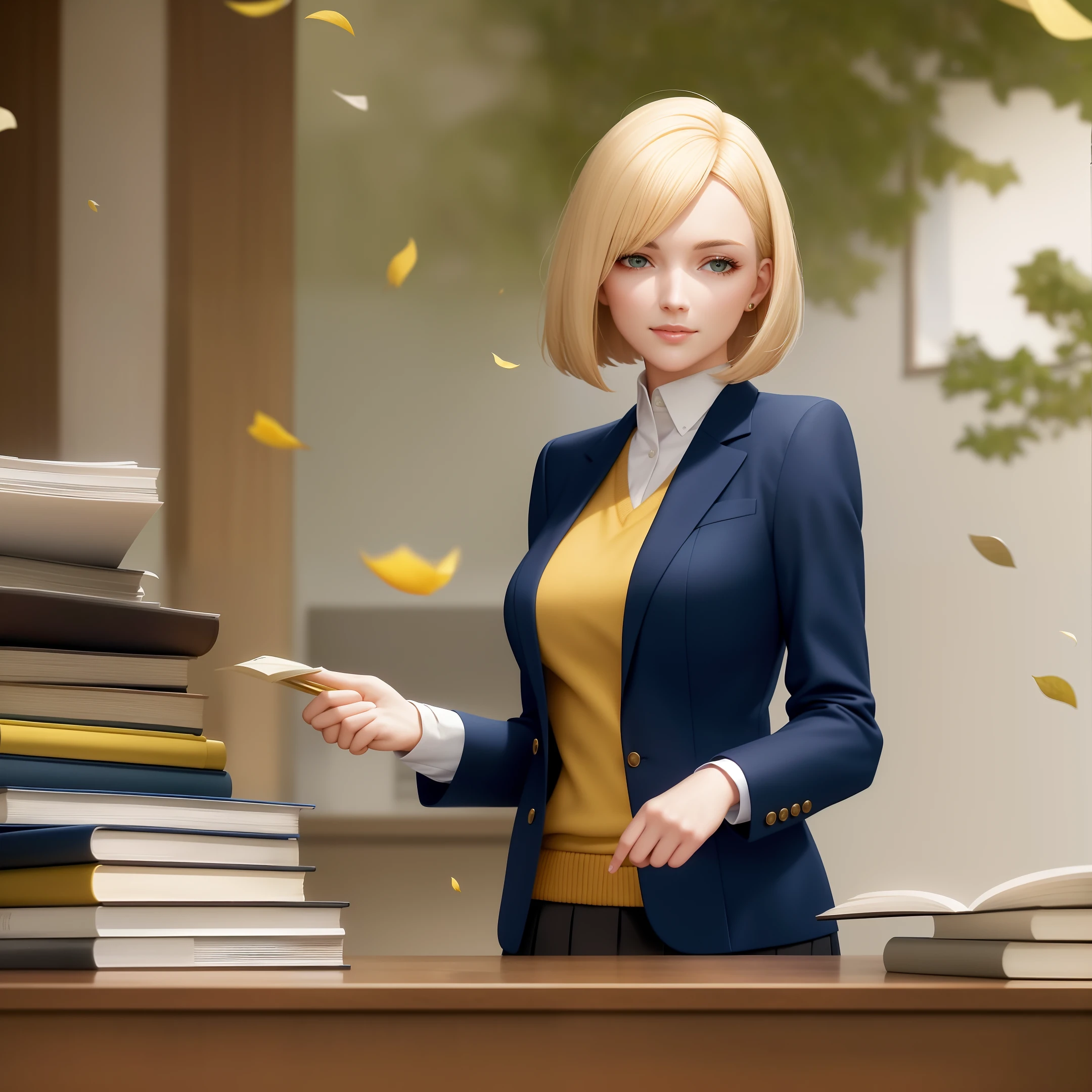 A young woman with a blonde bob wearing a navy blazer and skirt over a yellow sweater stands confidently outdoors beside a table overflowing with stacks of paper, the wind gently whisking away some of the topmost pages. leaves and petals float on the breeze