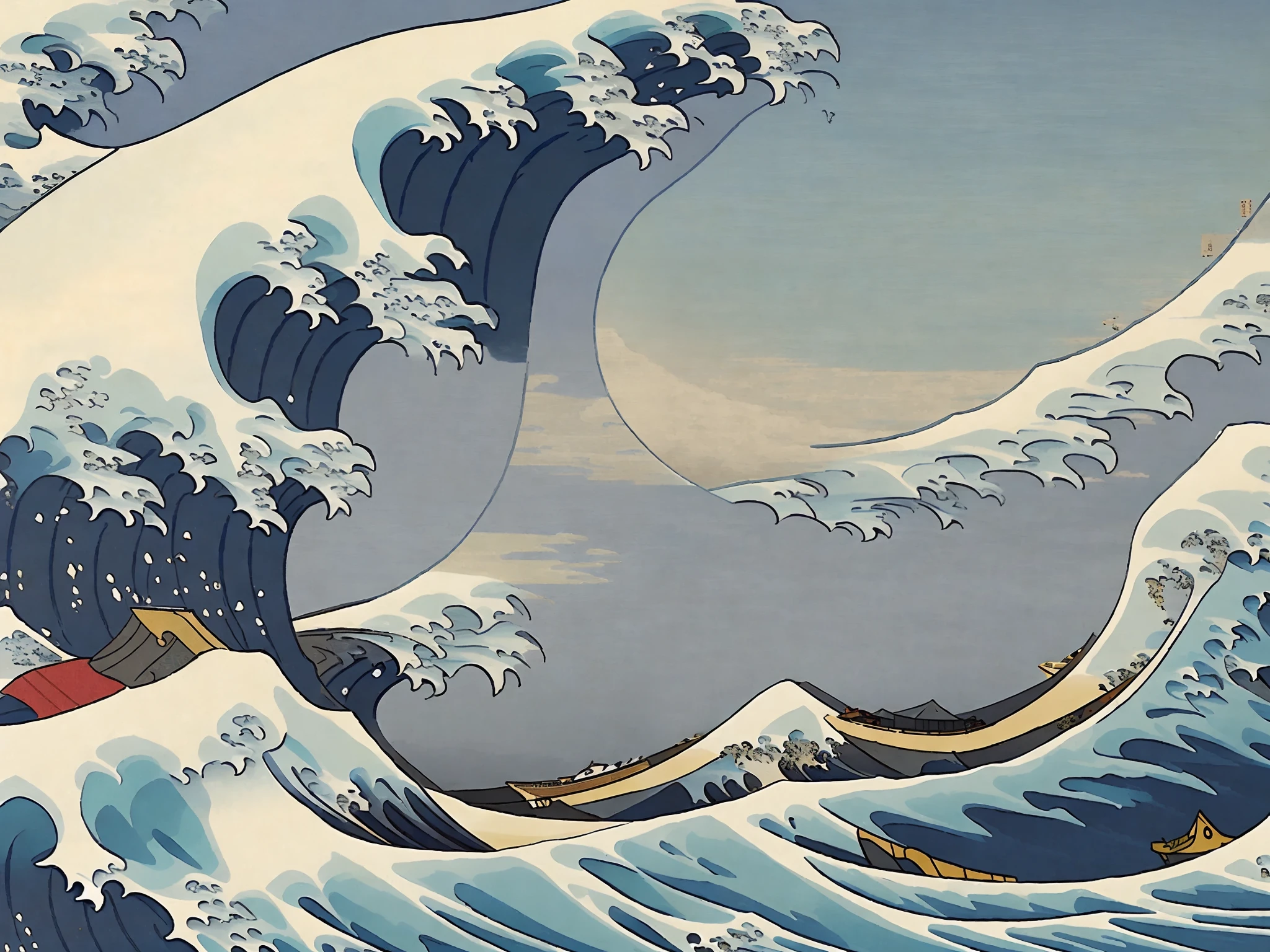 a painting of a wave with a boat in the middle of it and a sky background with clouds and mountains
((The Great Wave off Kanagawa))
(foggy background, intricate details, hyperdetailed, cinematic, muted colors)
by (Katsushika Hokusai:1.6)