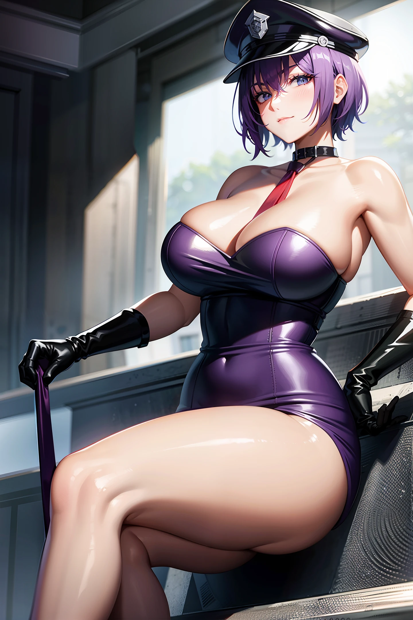 Purple short hair, plump youthful face, black police cap, red tie, purple tight low-cut dress, purple long gloves, black leather boots, strapless thighs, big breasts, blue eyes, confident expression, anime style, stone prison.