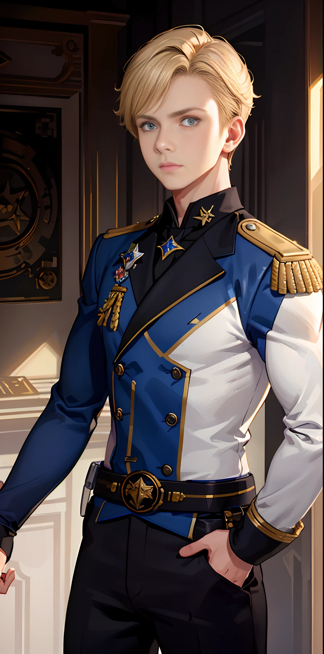 (masterpiece, best quality, super detailed, best shadows), (detailed background,) sci-fi liberator captain blond young strong confident strong healthy strong man in military uniform