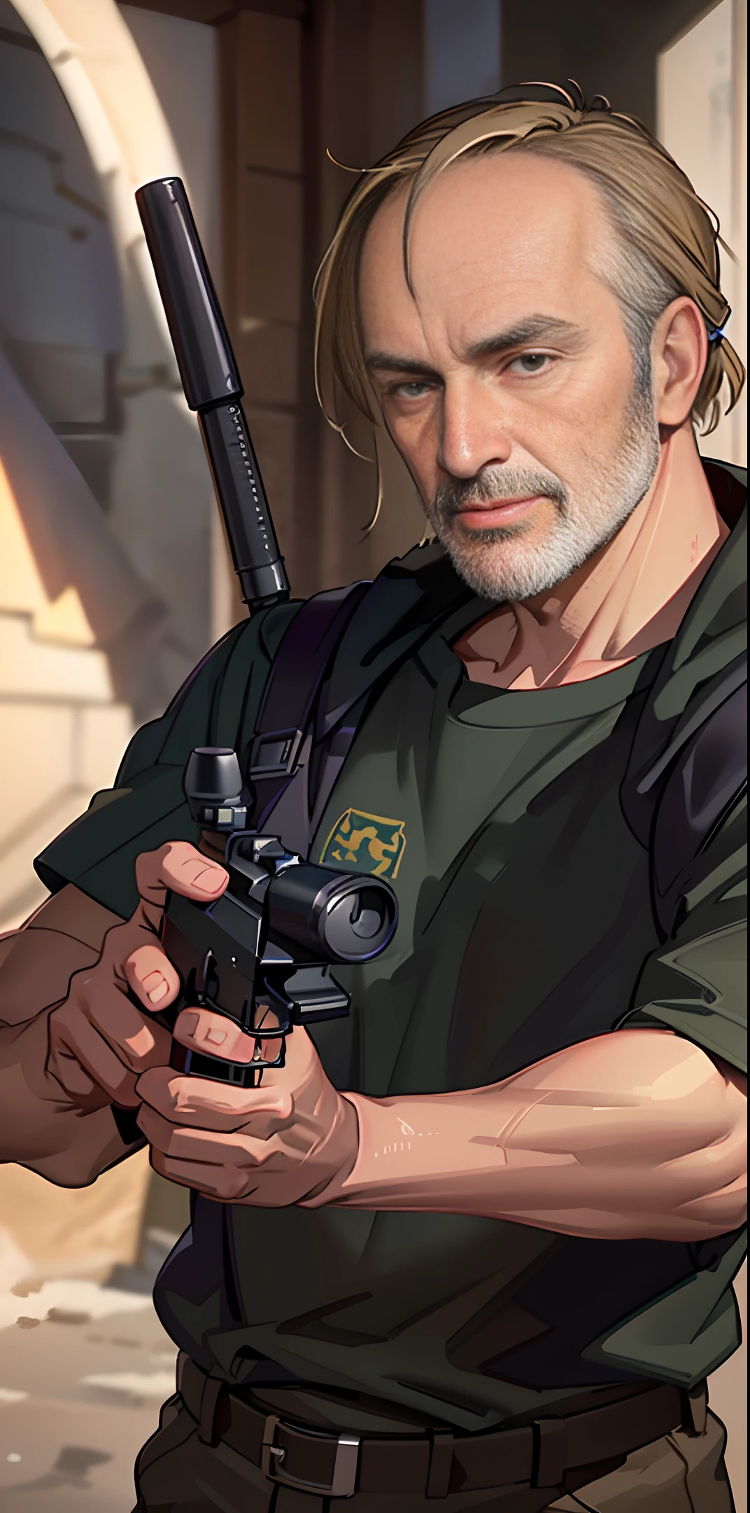 (masterpiece, best quality, super detailed, best shadows), (detailed background, skinny face, middle aged beard, experienced sniper, camp gear, Better Call Saul&#39;s sci-fi Lalo Salamanca, holding a smg