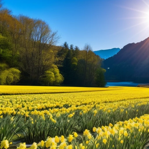 a beautiful yellow daffodil , swinging its head on smooth breeze, near a river, blue, high quality, cover photo, only one picture